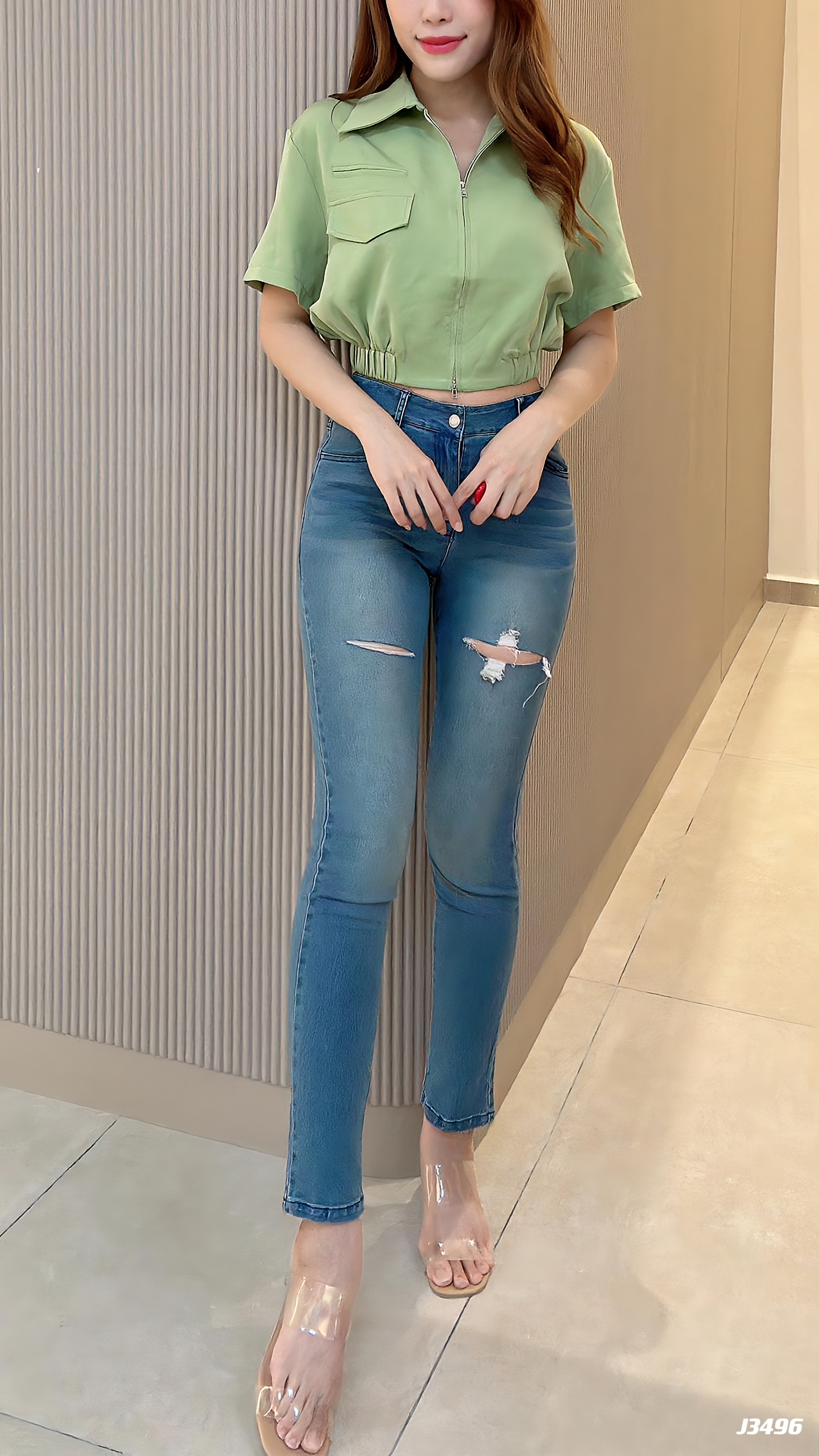 【LBP独家】美式修身破洞牛仔长裤 (J3496)