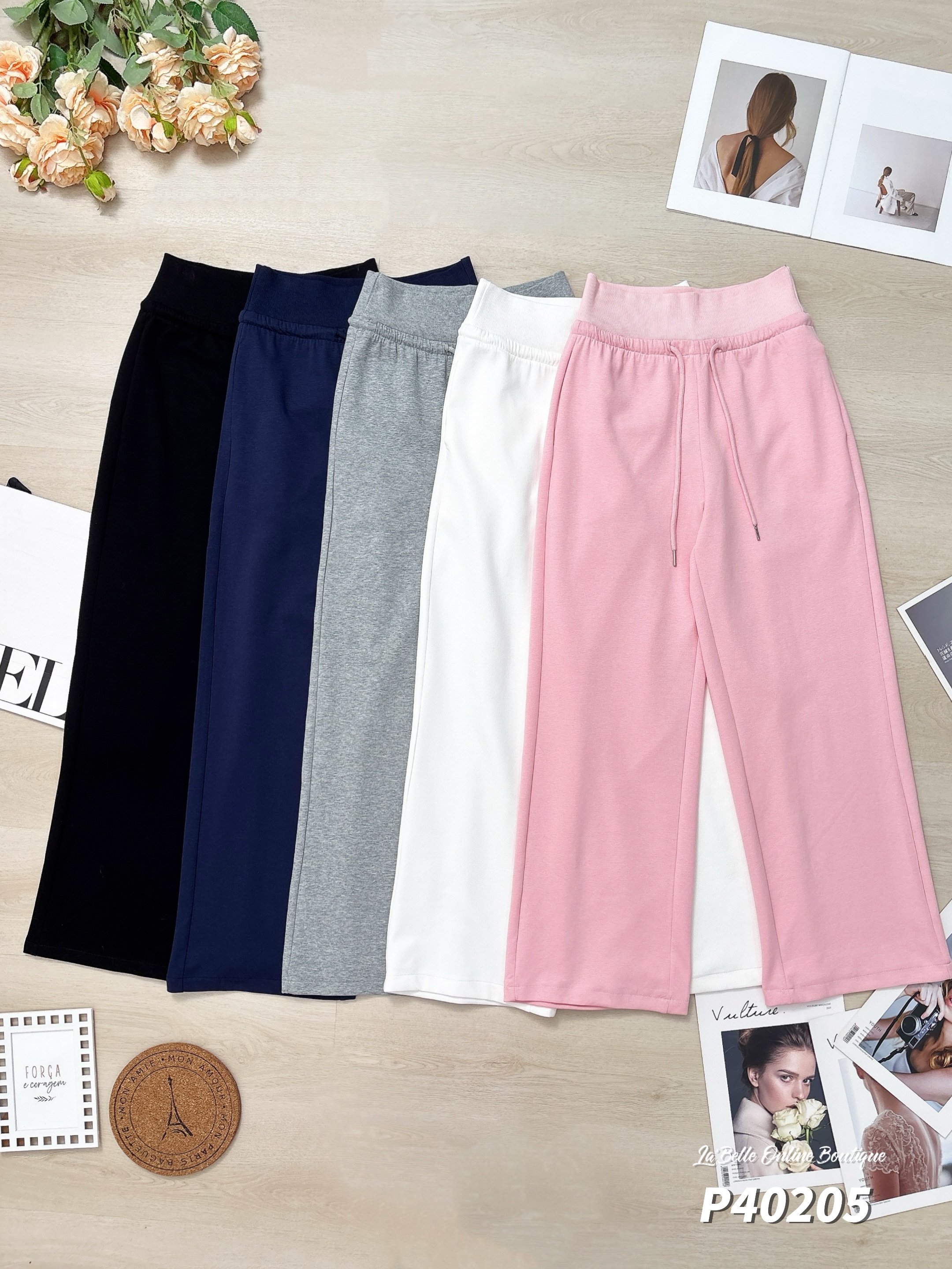 休闲抽绳设计直筒阔腿长裤 (P40205)