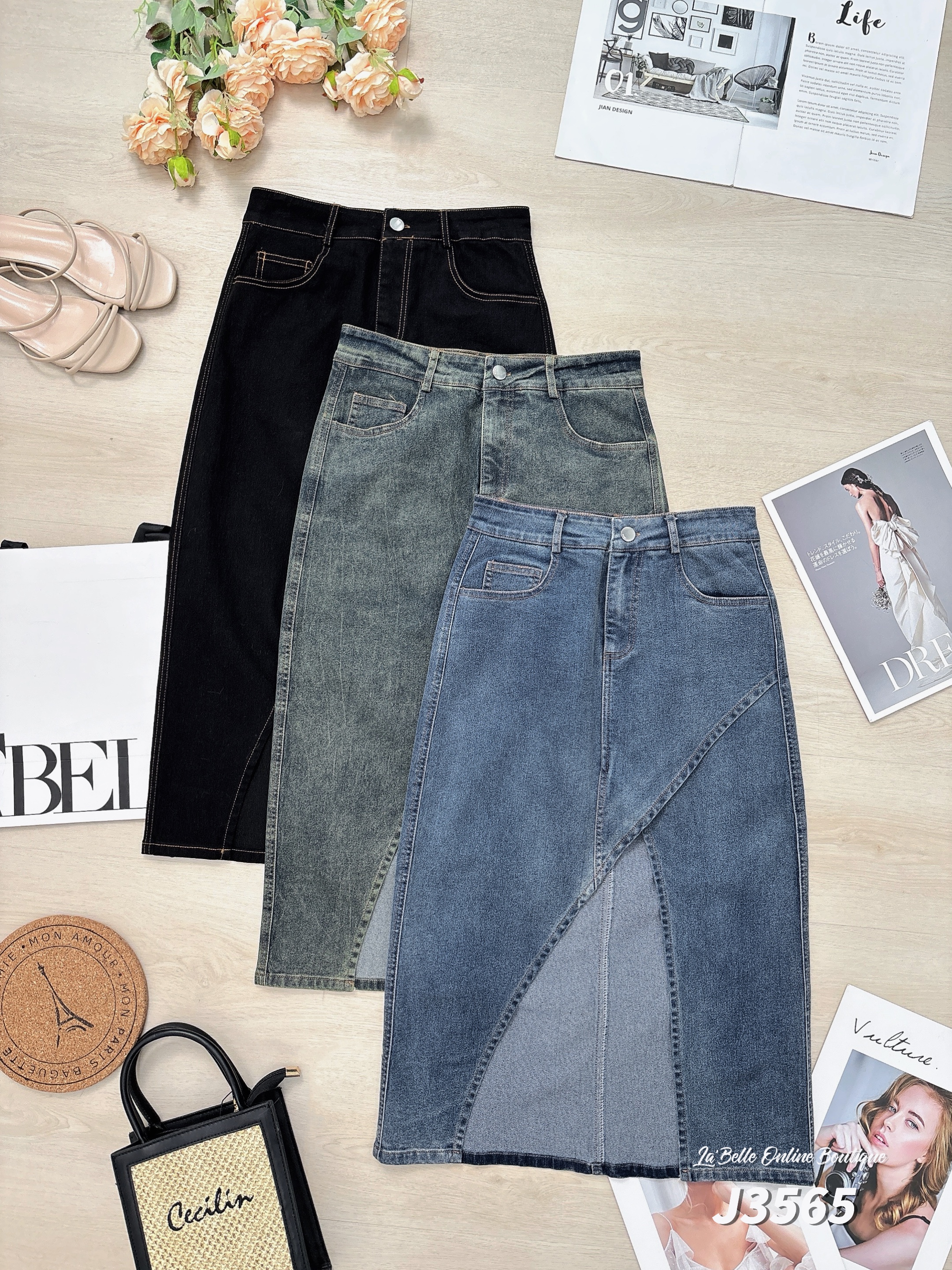 【LBP独家】时尚设计感牛仔高腰过膝裤裙 (J3565)