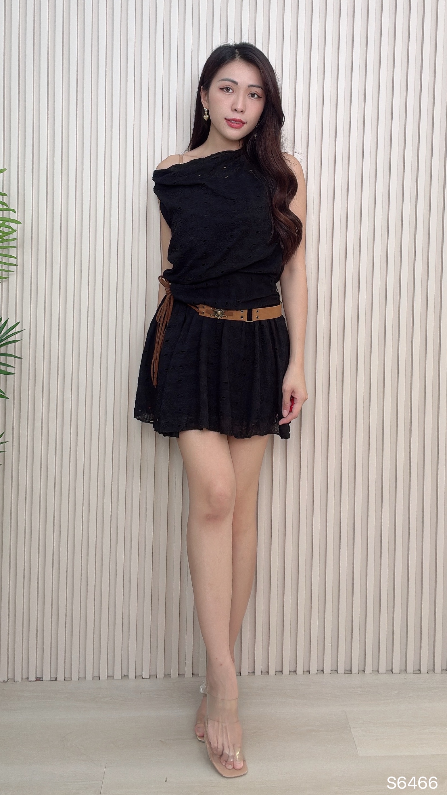 法式度假风镂空褶皱设计无袖连身裙 (S6466)