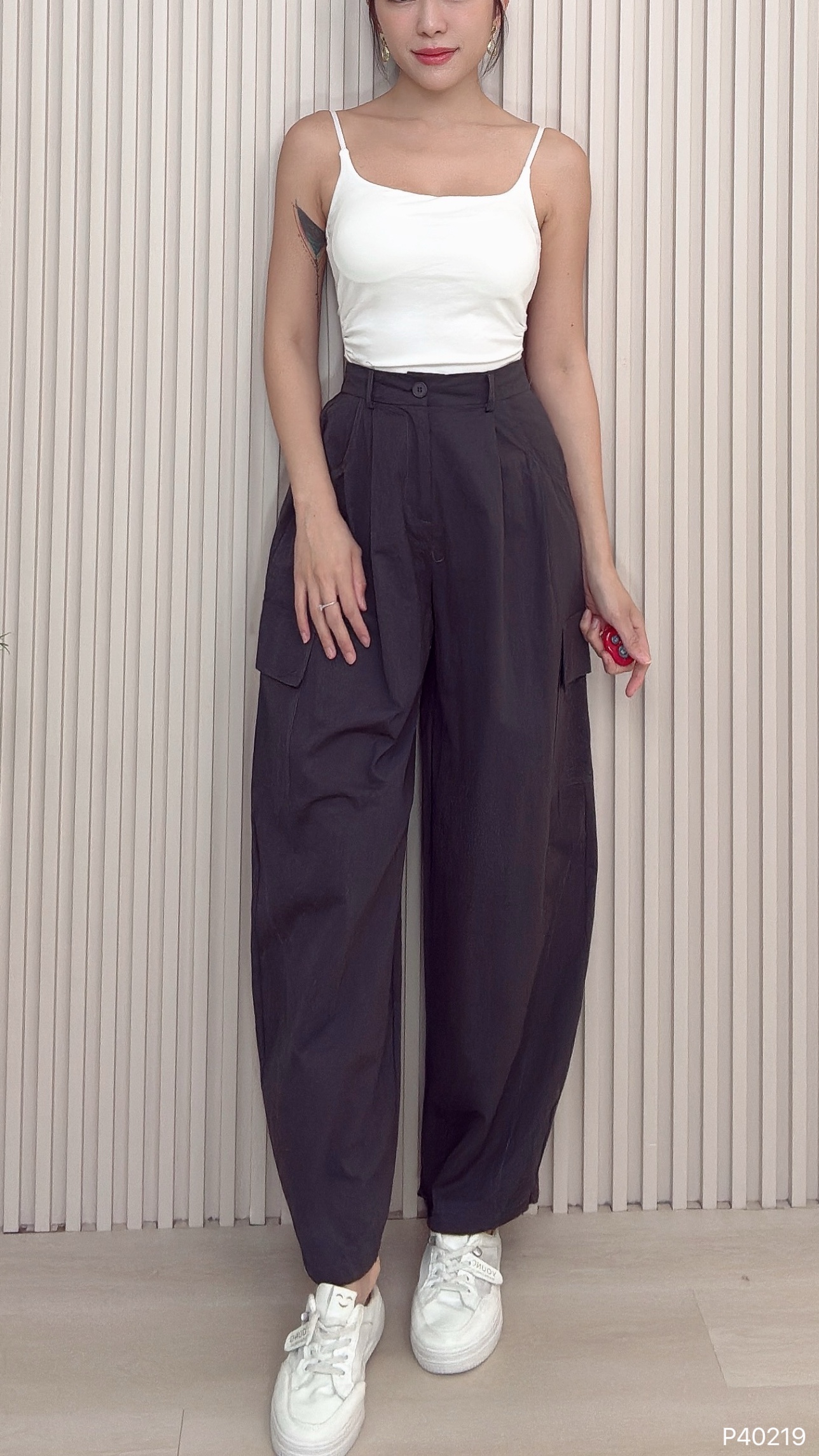 酷帅工装抽绳设计阔腿高腰长裤 (P40219)