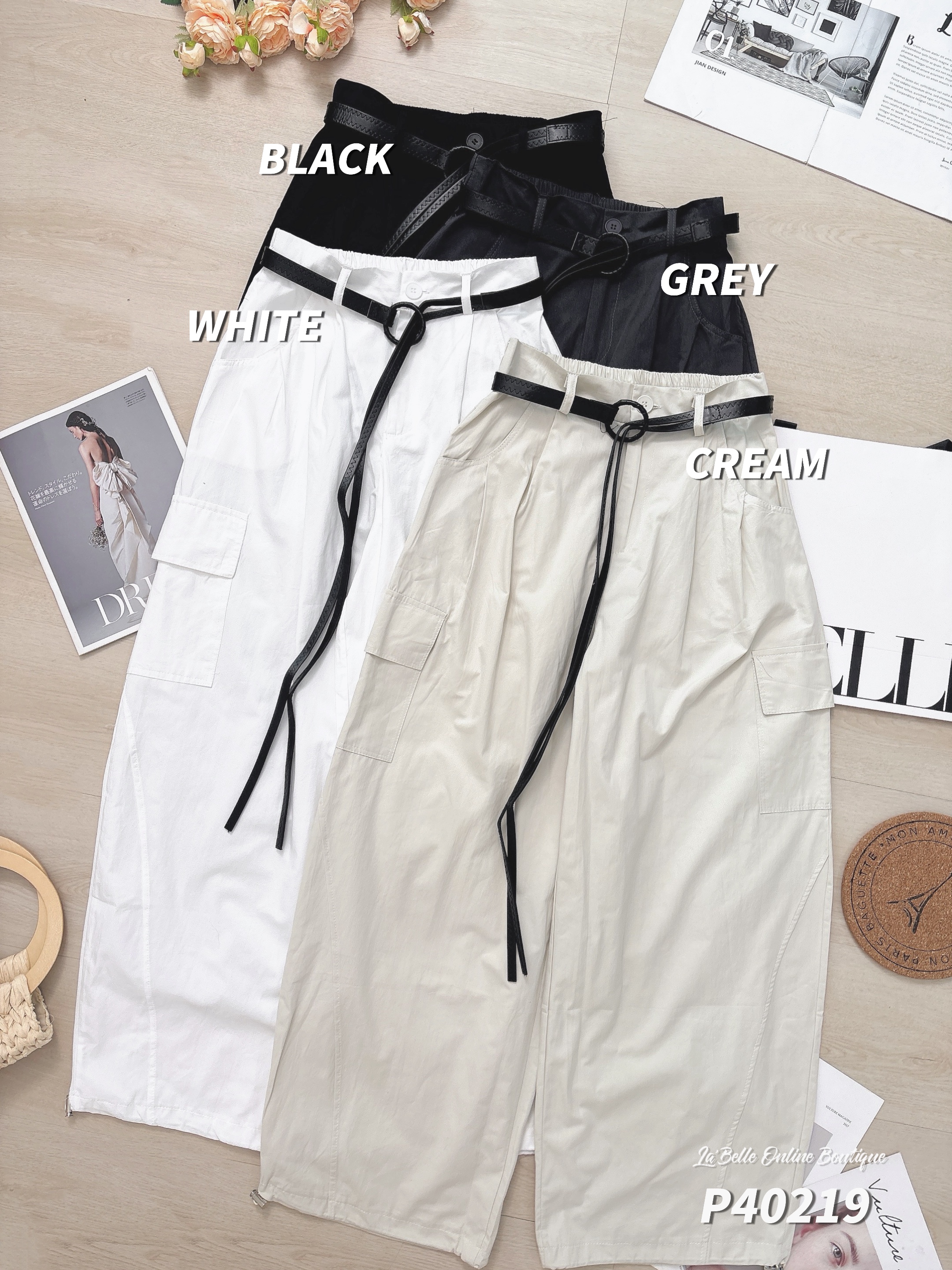 酷帅工装抽绳设计阔腿高腰长裤 (P40219)