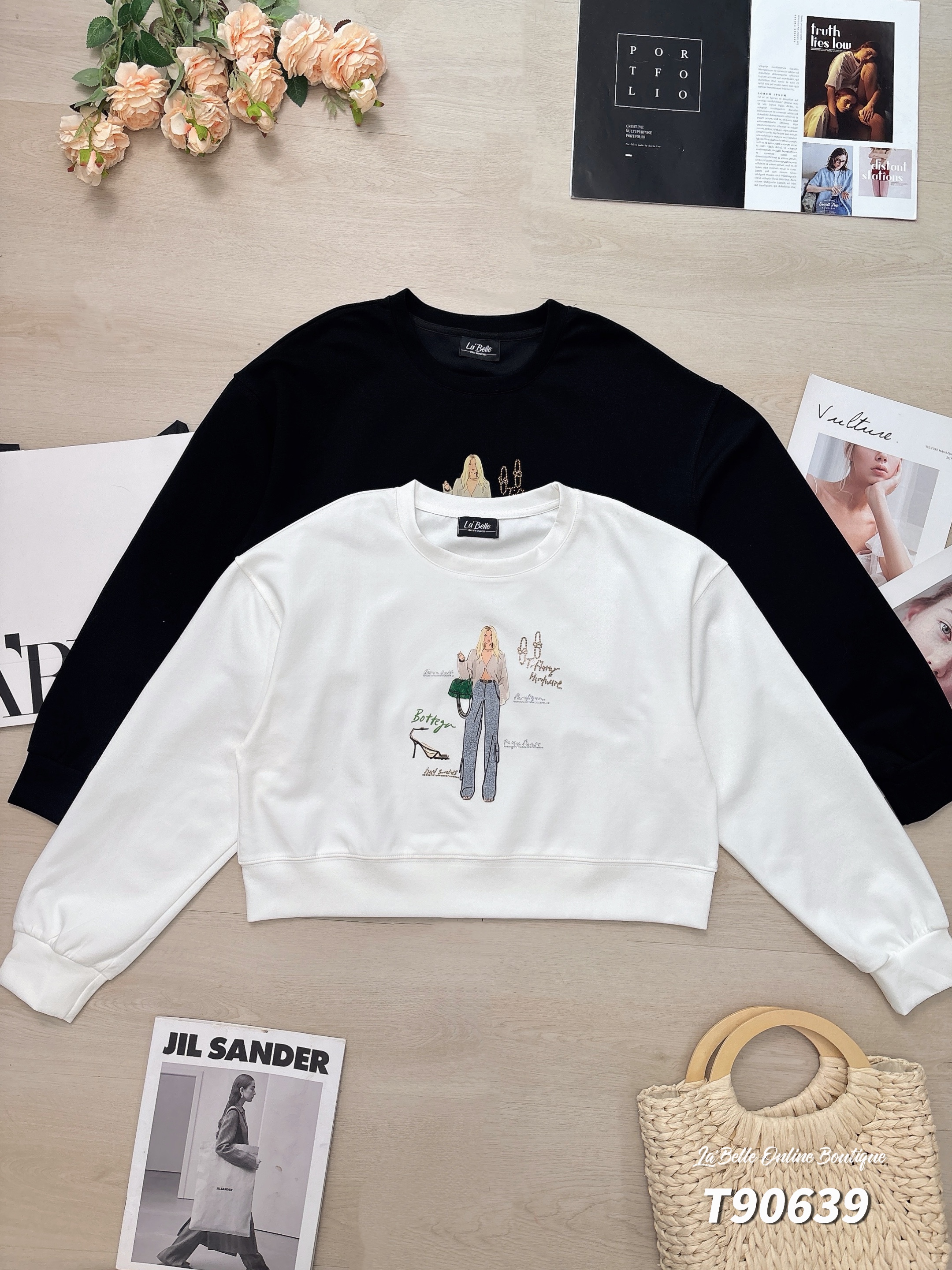 休闲风插画烫钻设计长袖上衣 (T90639)