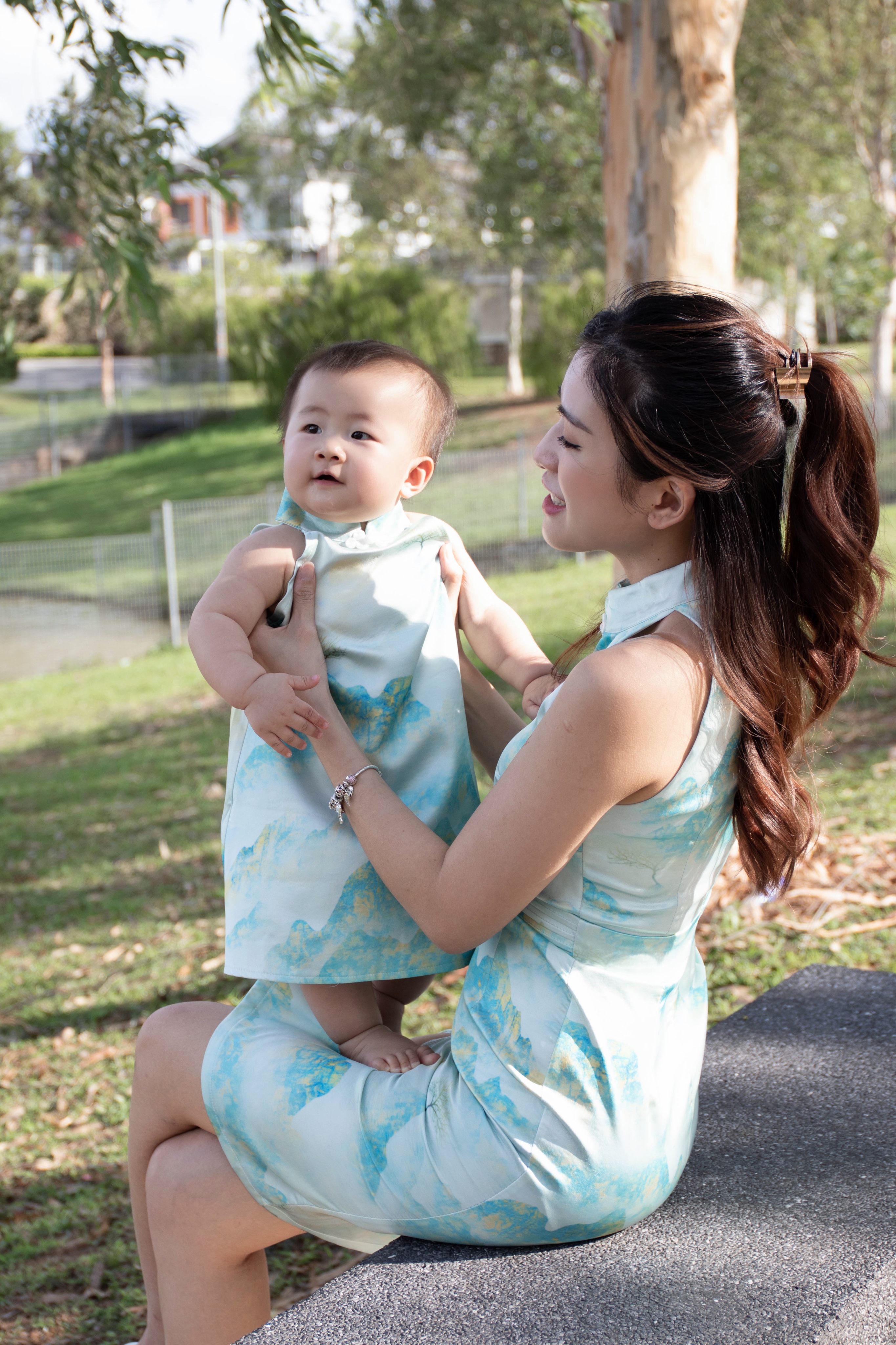 【LBP亲子系列】远山黛国风现代改良版旗袍连身裙（F70107-女儿款）