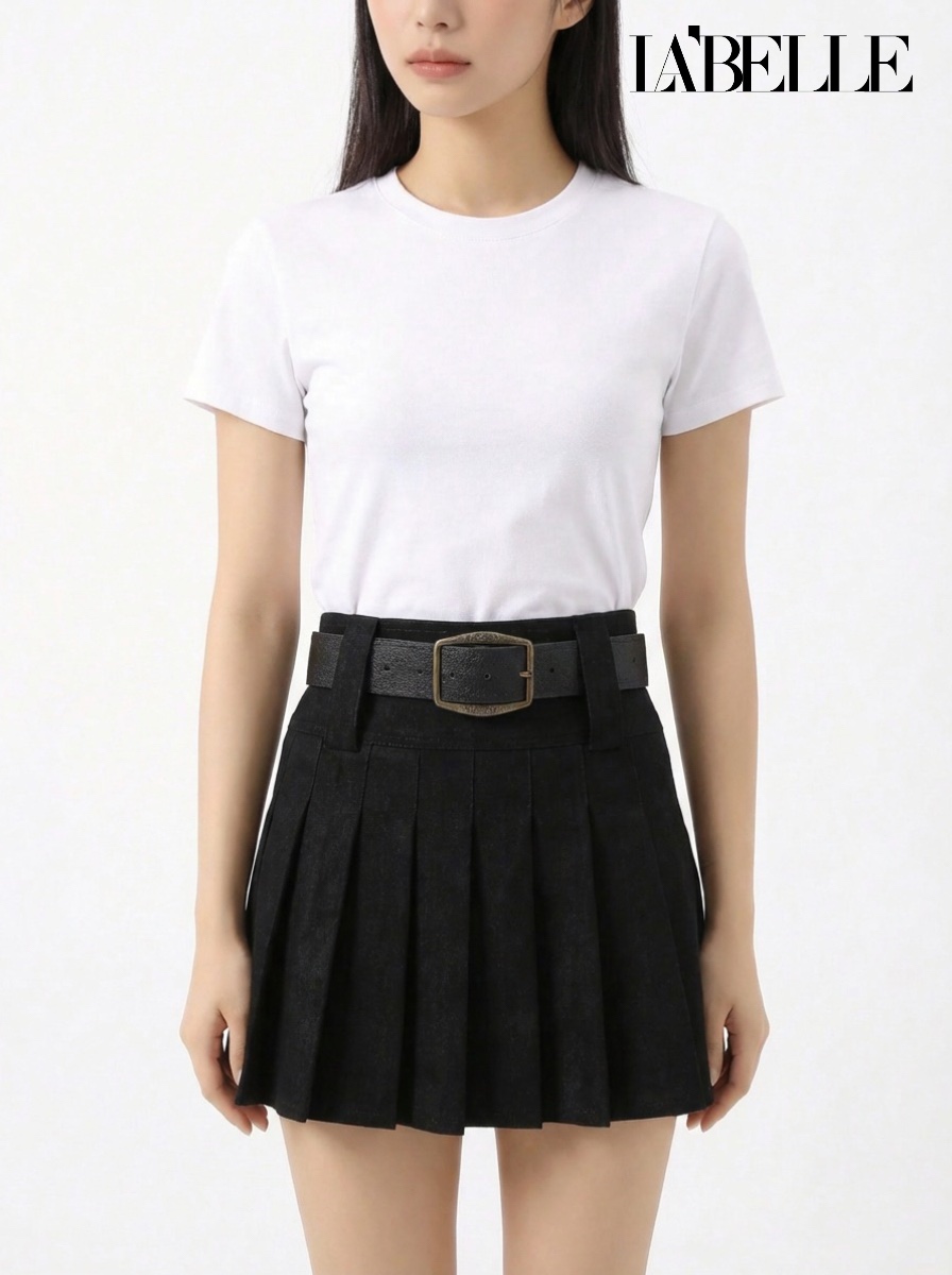 学院风百褶设计A字高腰短裙 (S6525)
