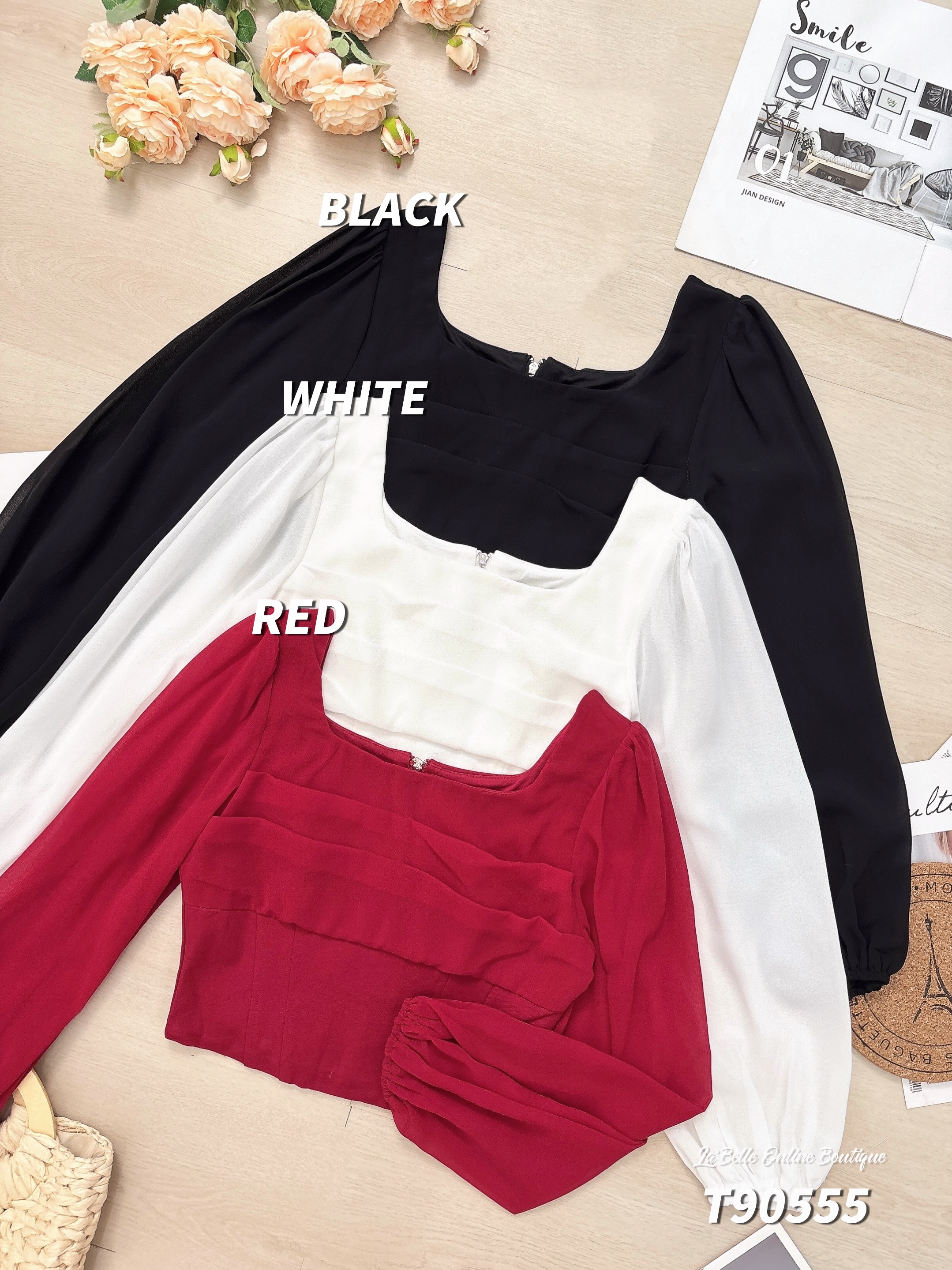 法式甜美方领短版长袖上衣 (T90555)