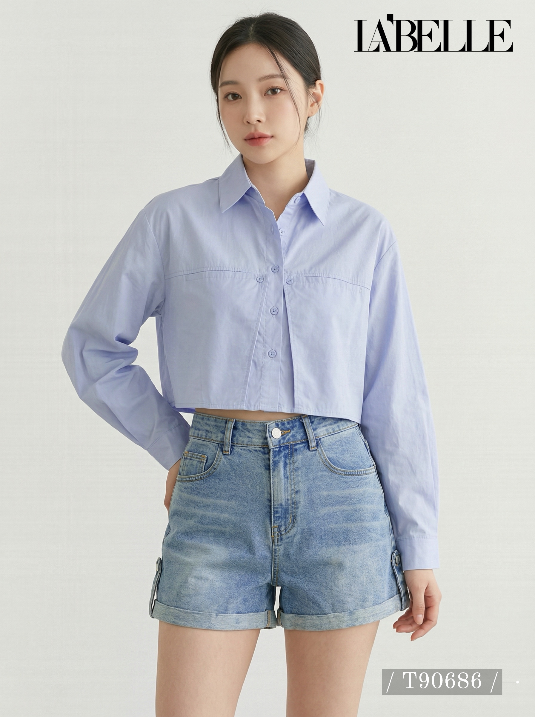 设计感翻领短款长袖衬衫 (T90686)