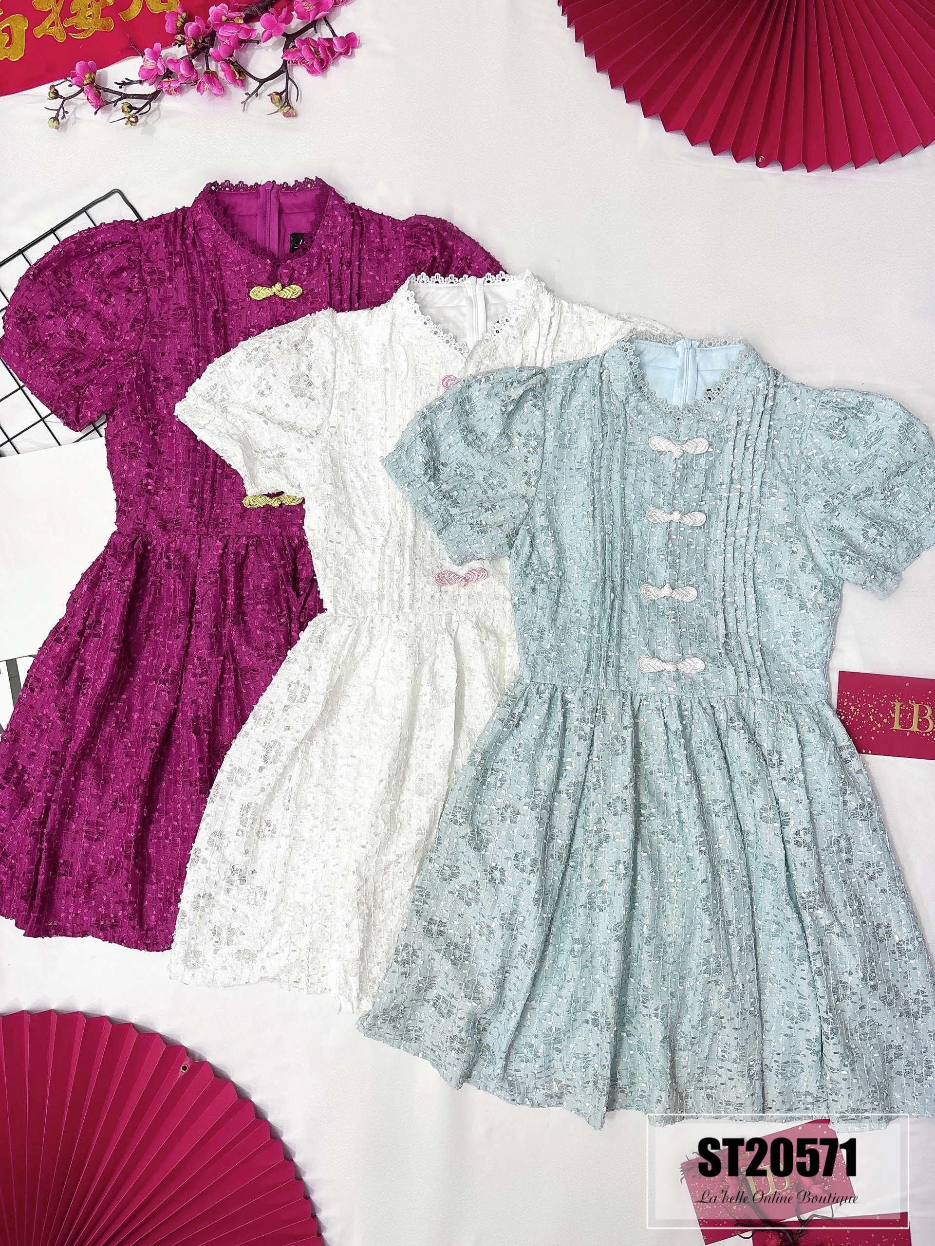 【LBP独家】复古中国结设计改良版旗袍百褶连身裤裙（ST20571）