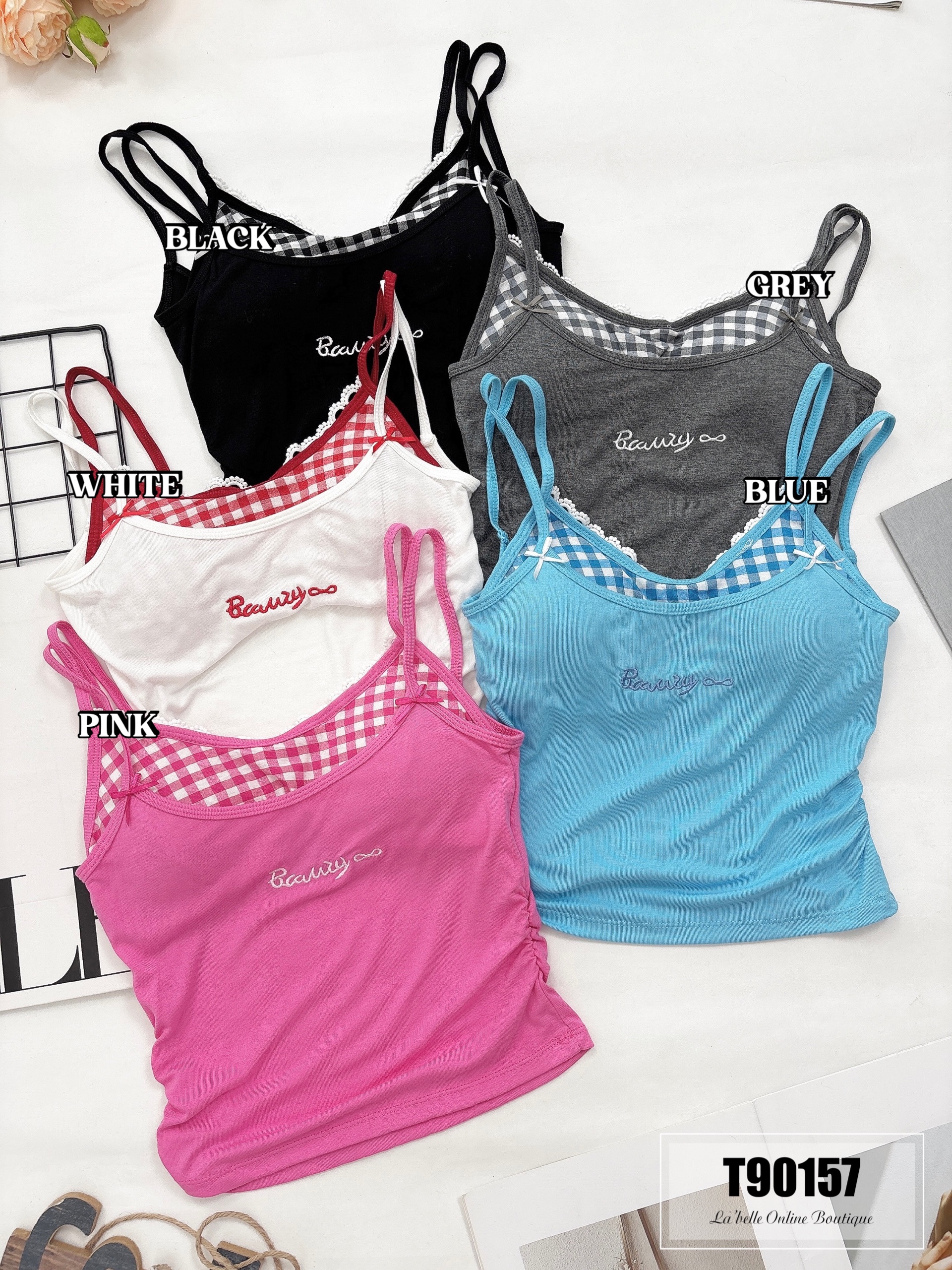 假两件格子蕾丝边刺绣字母款上衣 (T90157) - 特价-La'Belle Fashion Boutique Sdn Bhd