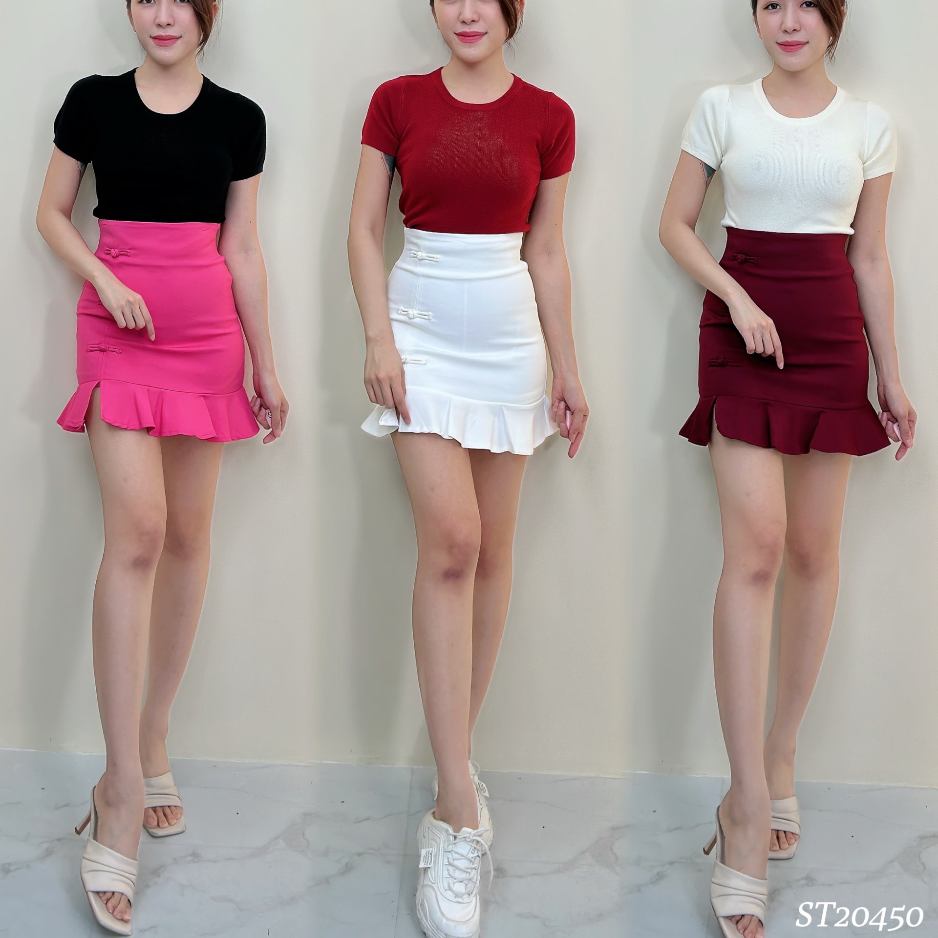 荷叶裙摆中国结设计高腰包臀裤裙 (ST20450) -特价