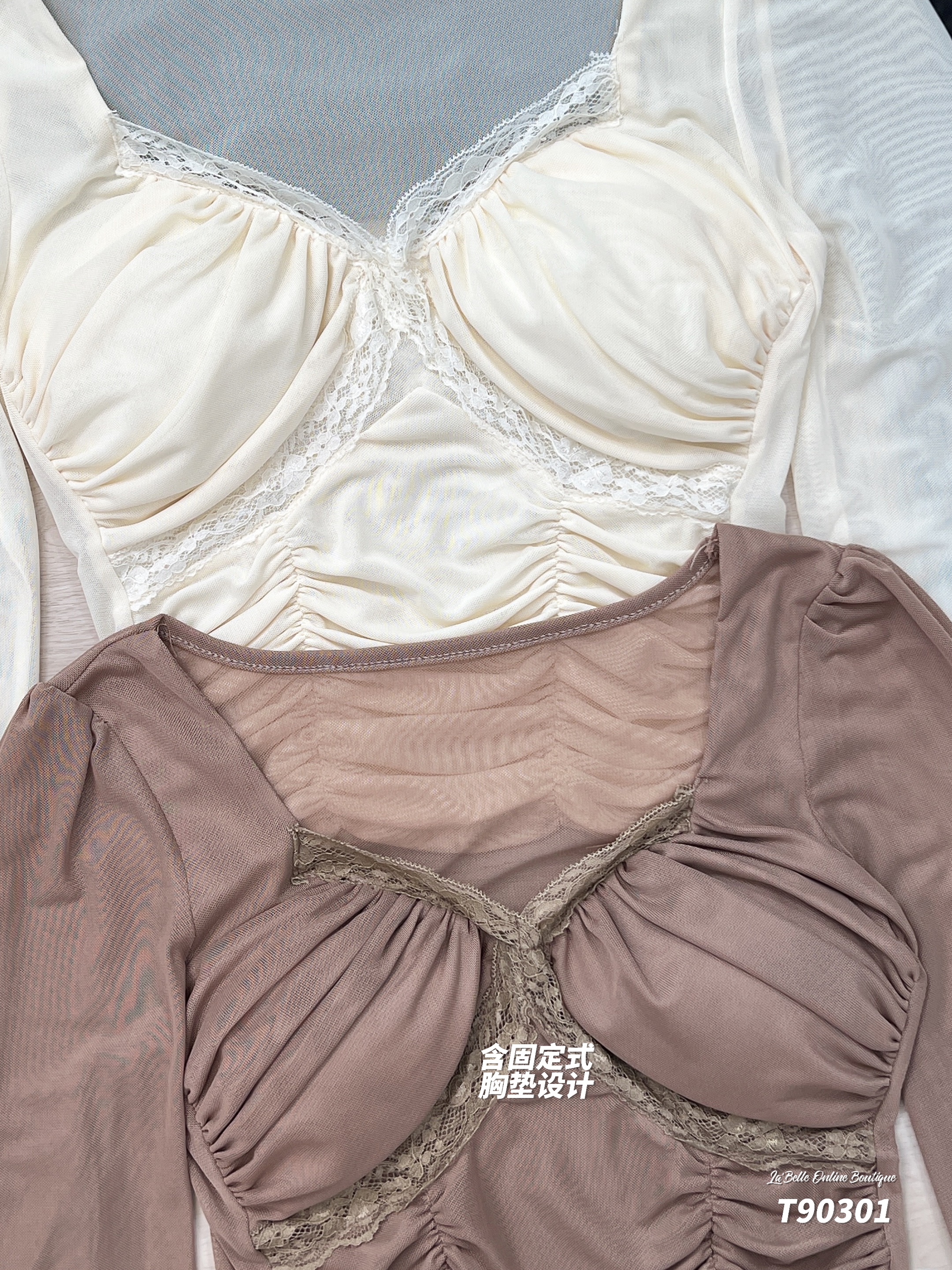 性感微透蕾丝拼接长袖上衣 (T90301)-La'Belle Fashion Boutique Sdn Bhd