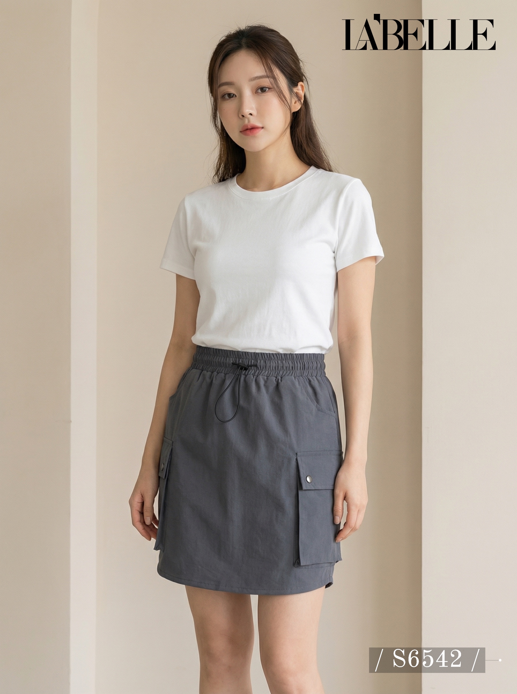 工装风松紧腰抽绳设计高腰短裙 (S6542)