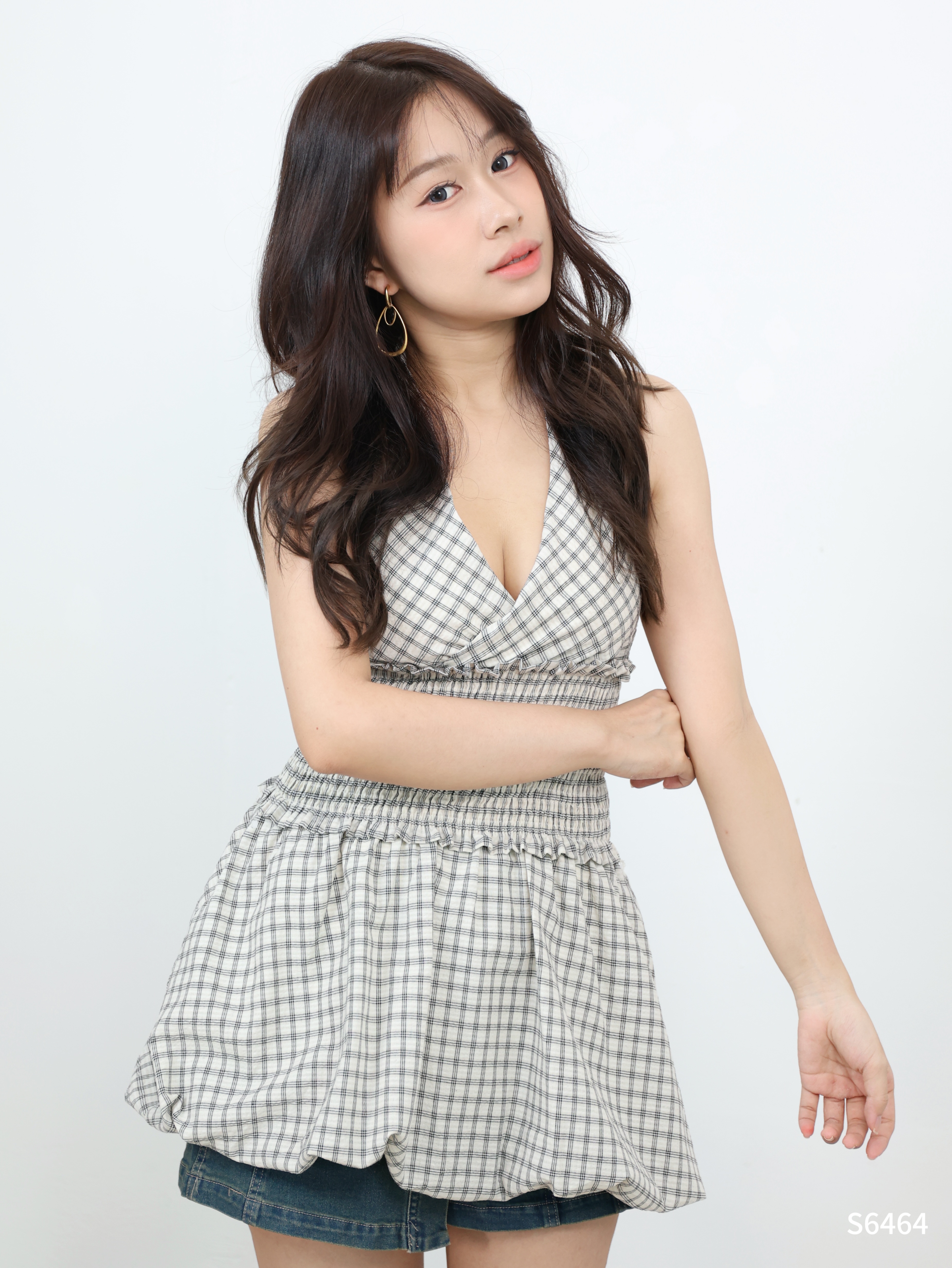 法式格子花苞挂脖V领连身裙 (S6464)