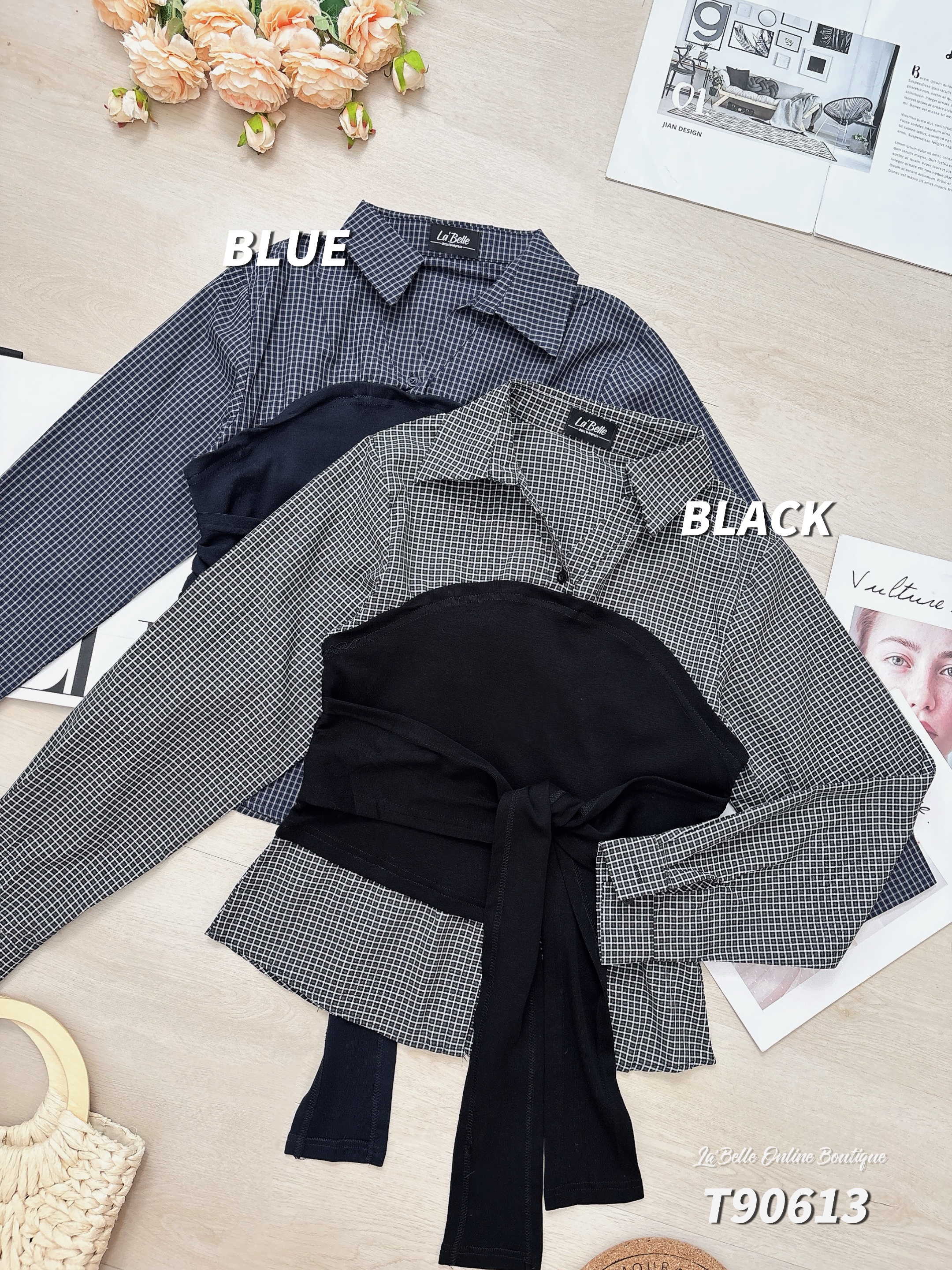 时尚拼接设计修身翻领长袖上衣 (T90613)