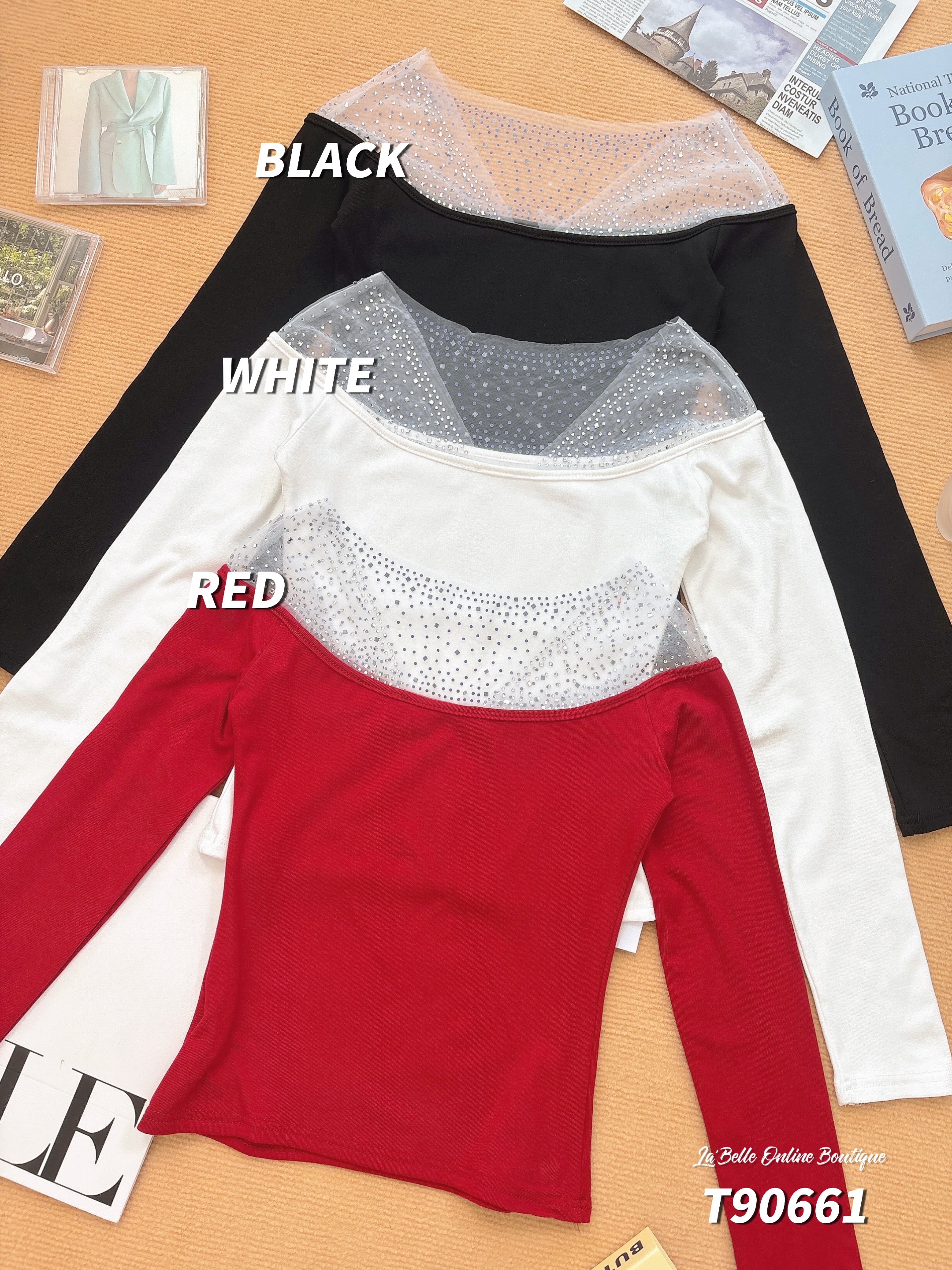 绝美V领烫钻拼接设计长袖上衣 (T90661)