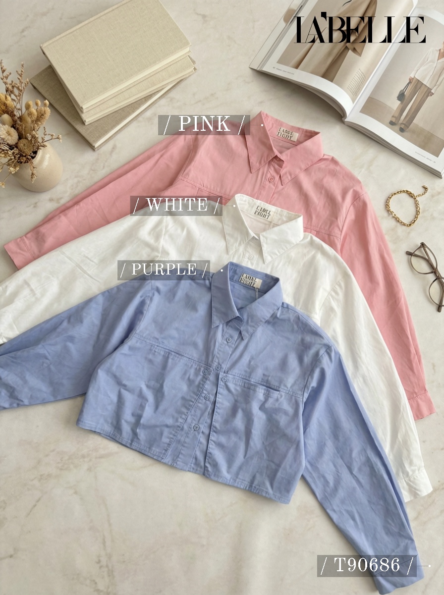 设计感翻领短款长袖衬衫 (T90686)