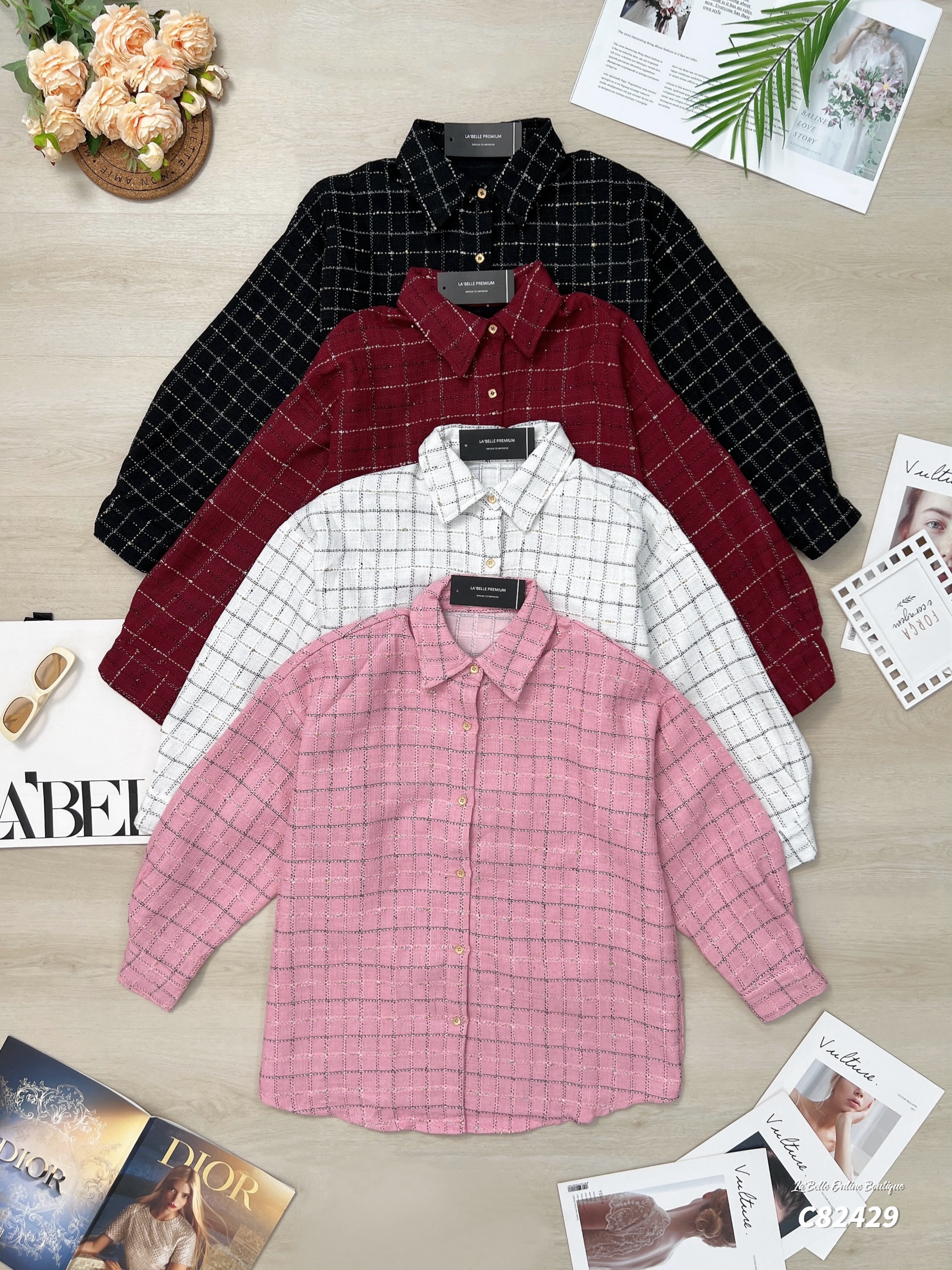 复古格子小香风宽松长袖上衣/外套 (C82429)