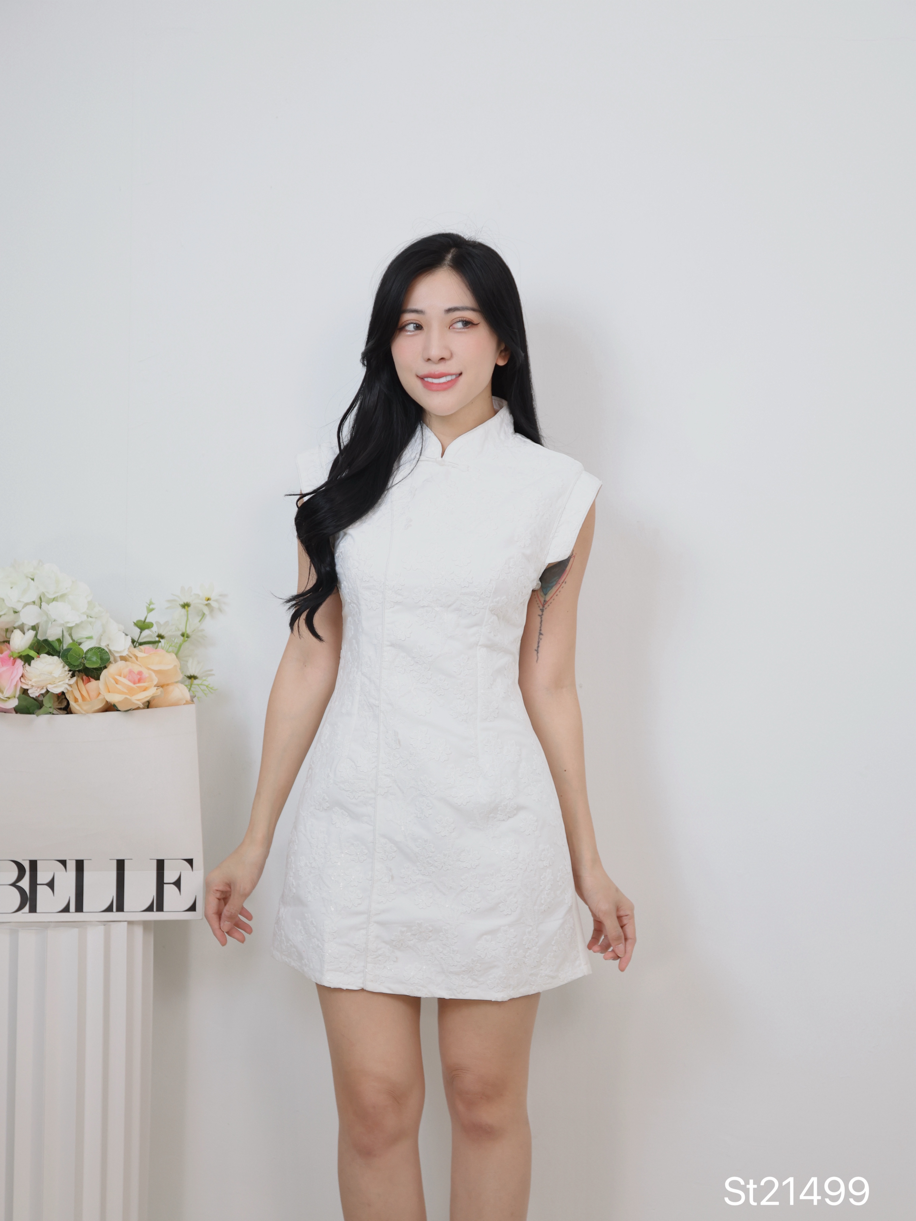 新中式立体花朵刺绣设计修身旗袍 (ST21499)