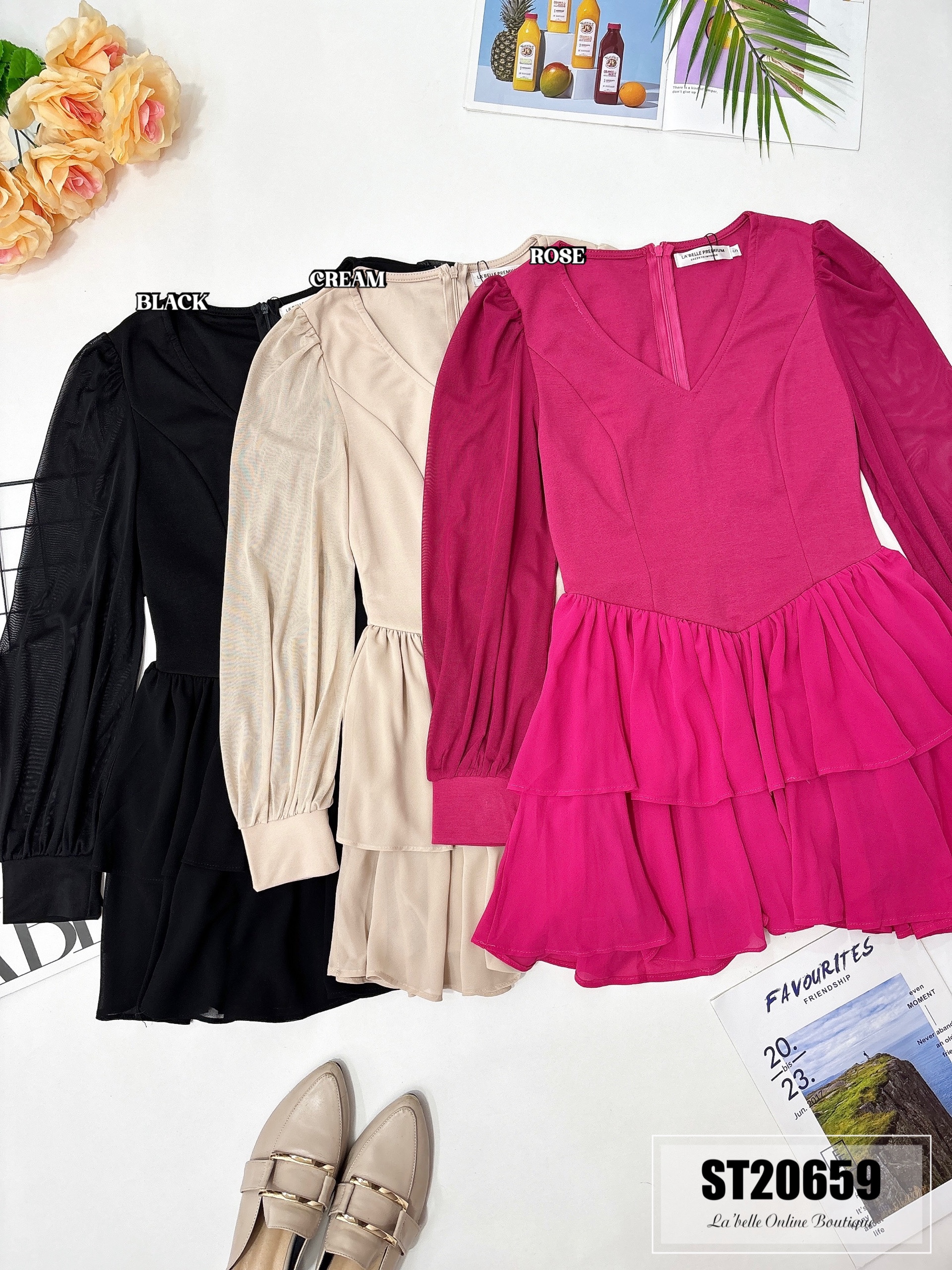 【LBP独家】法式V领蛋糕层连身裤裙（ST20659）