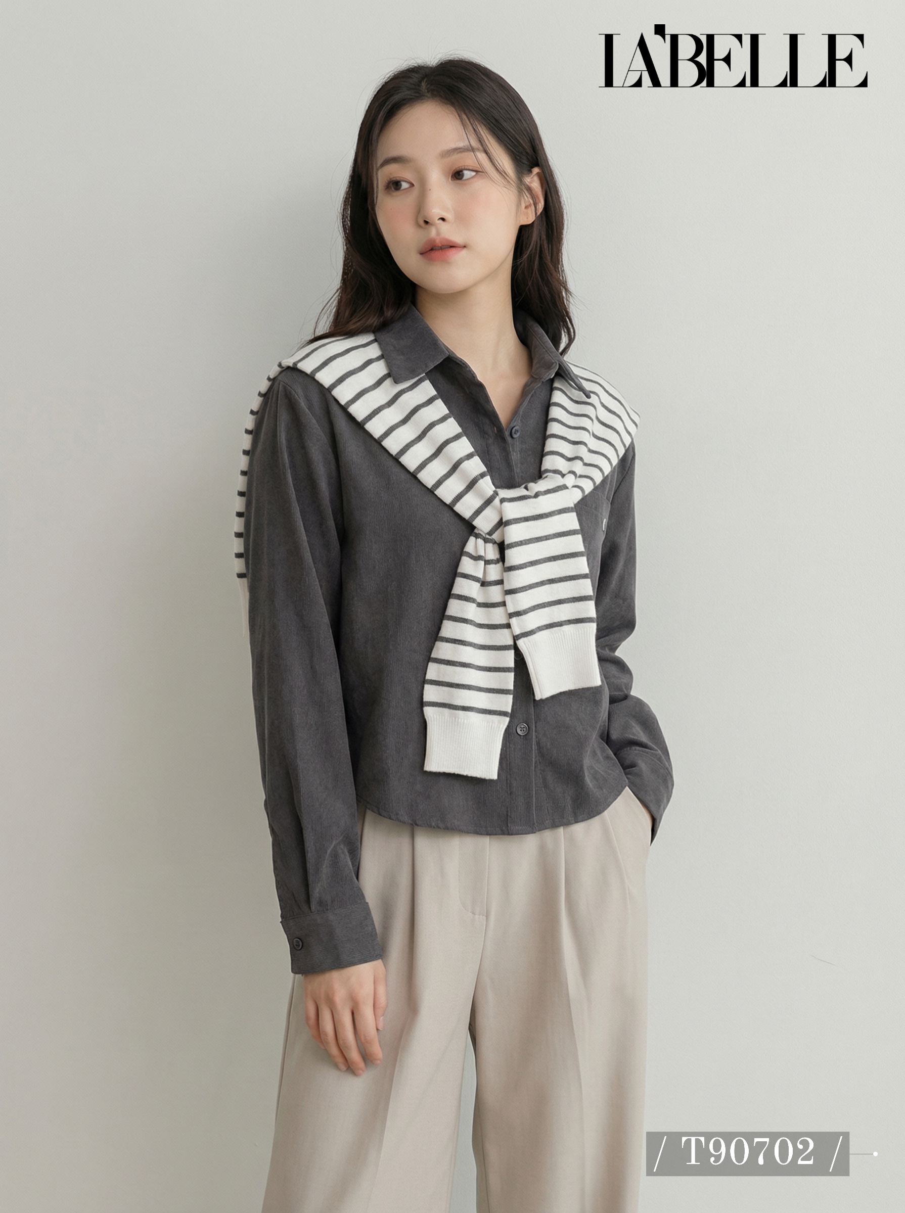 学院风叠穿撞色设计长袖上衣 (T90702)