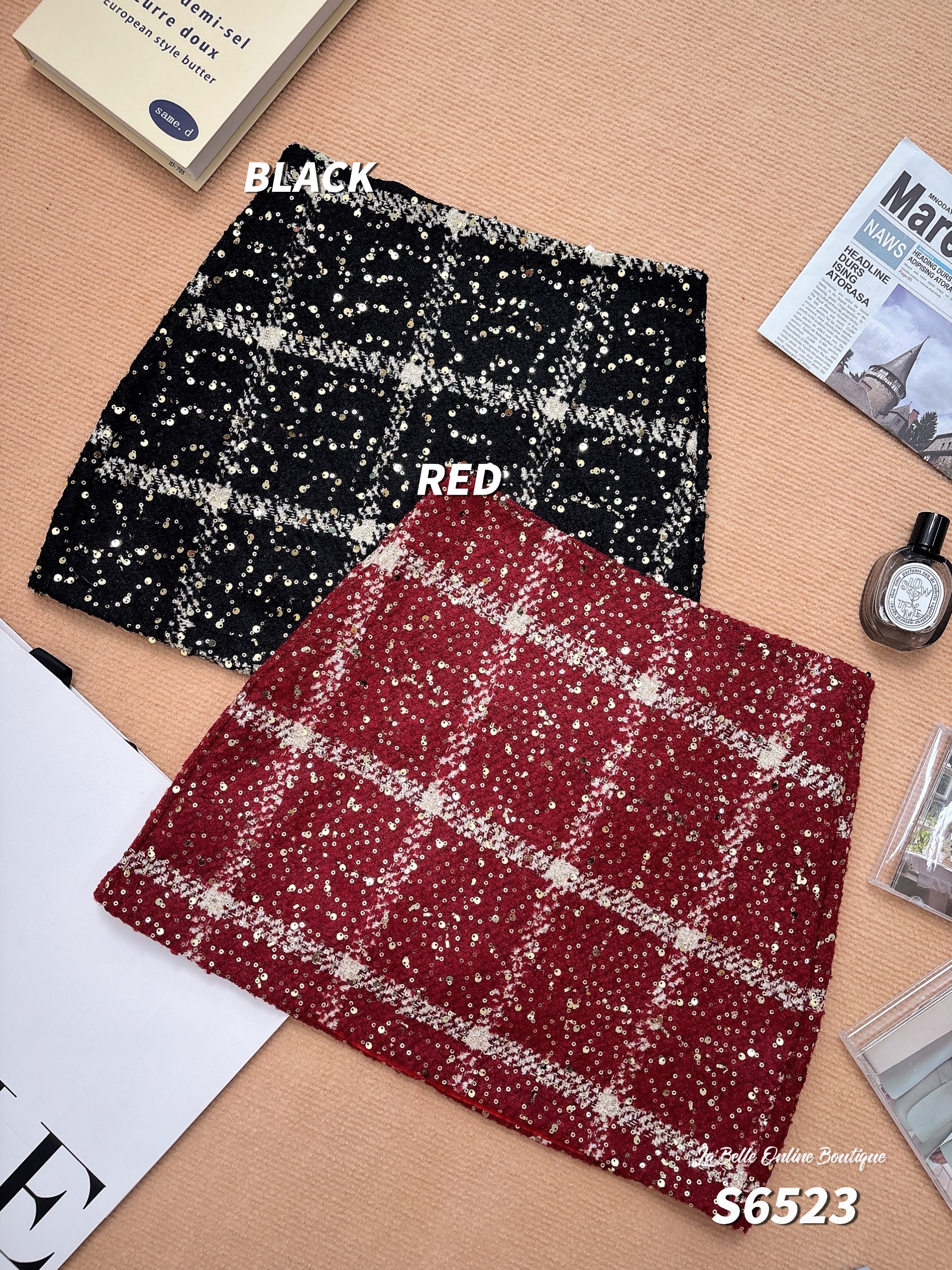 小香风亮片格子高腰短裙 (S6523)