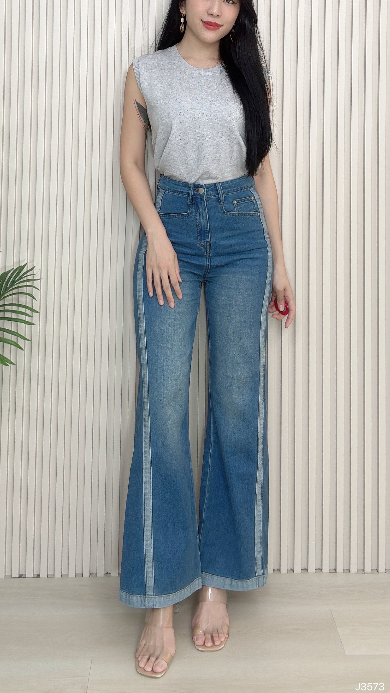 时尚条纹设计阔腿高腰长裤 (J3573)