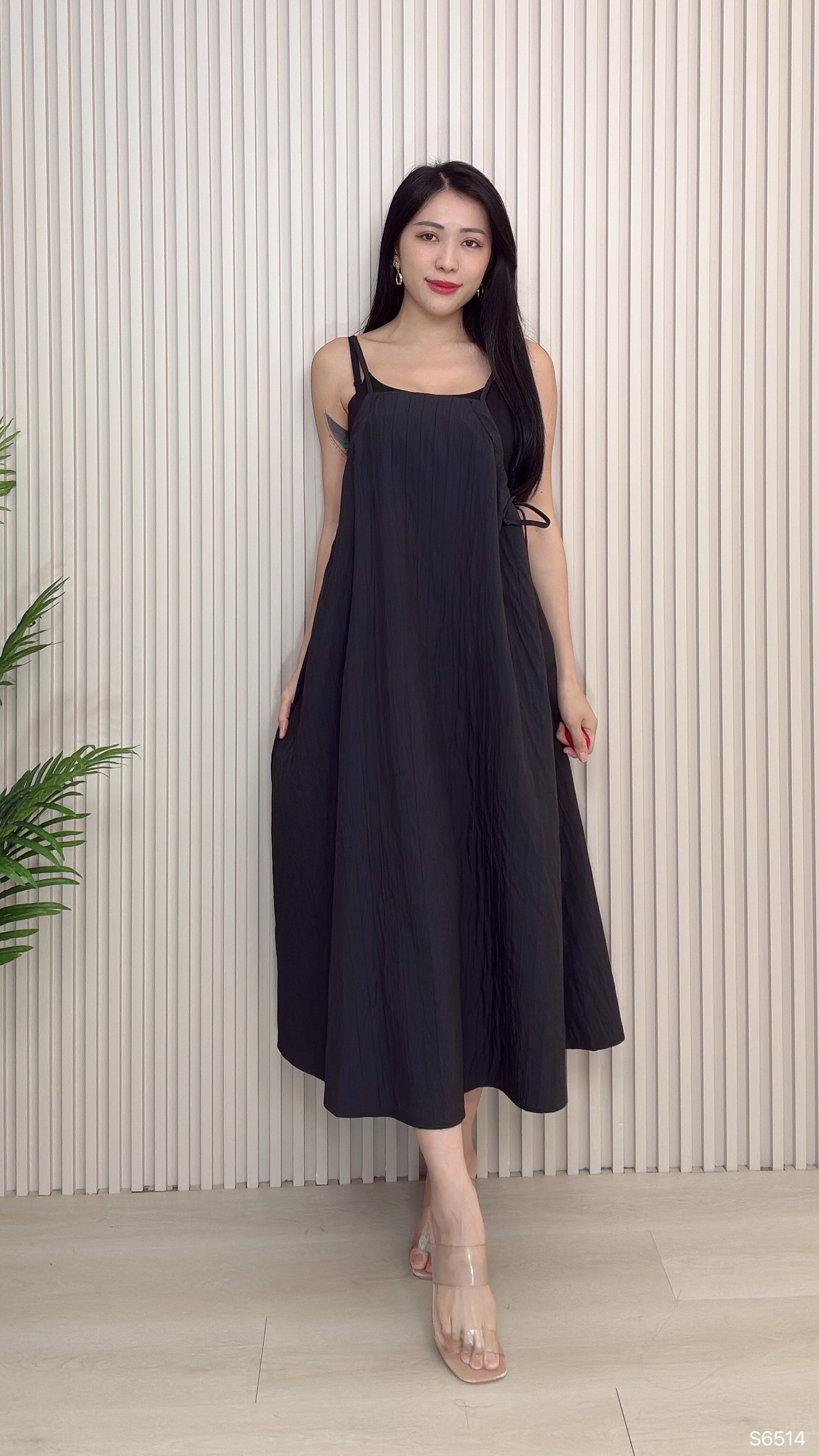 韩系宽松抽绳设计吊带连身裙 (S6514)