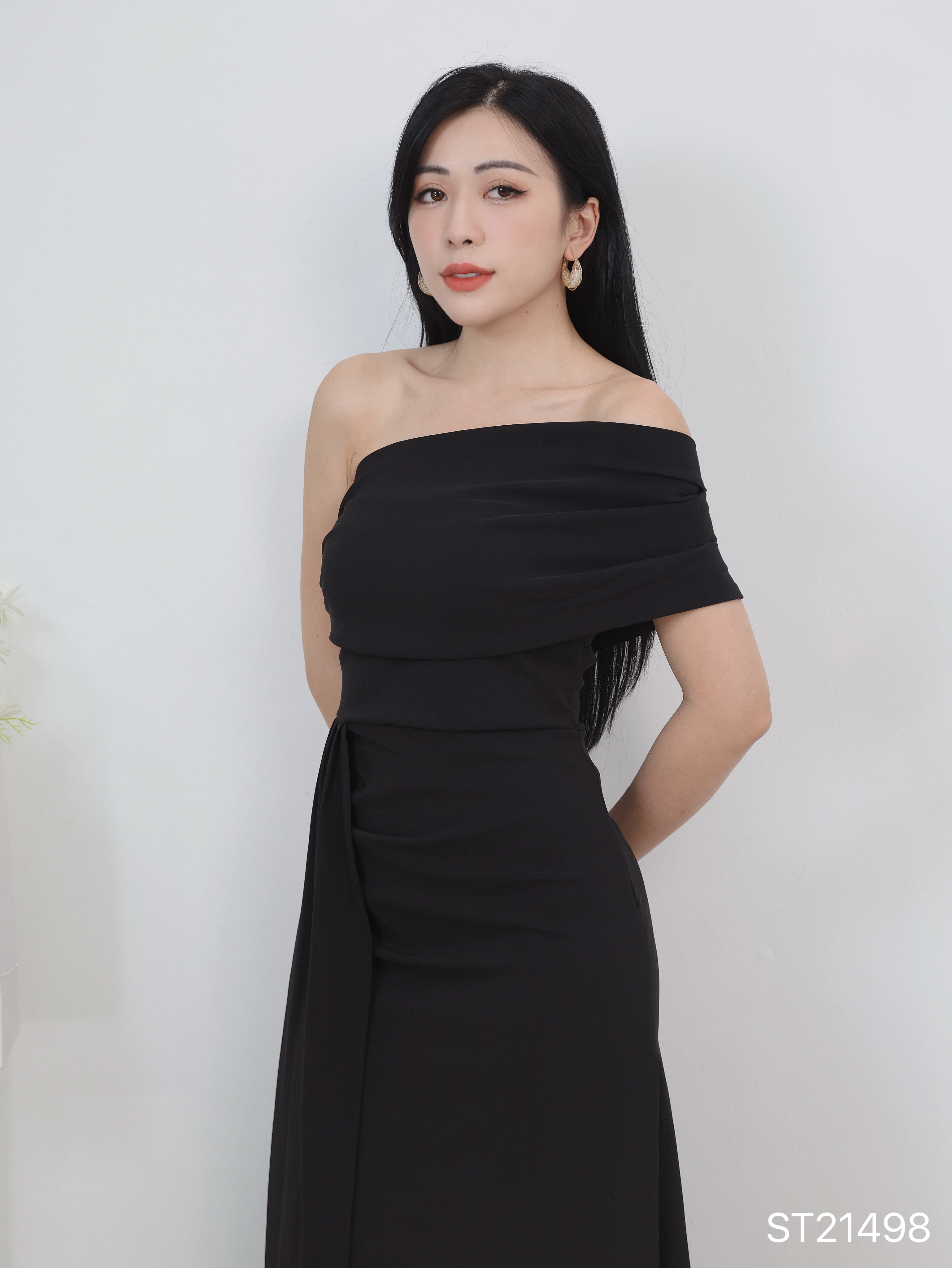 绝美一字斜肩压褶设计抹胸宴会连身裙 (ST21498)