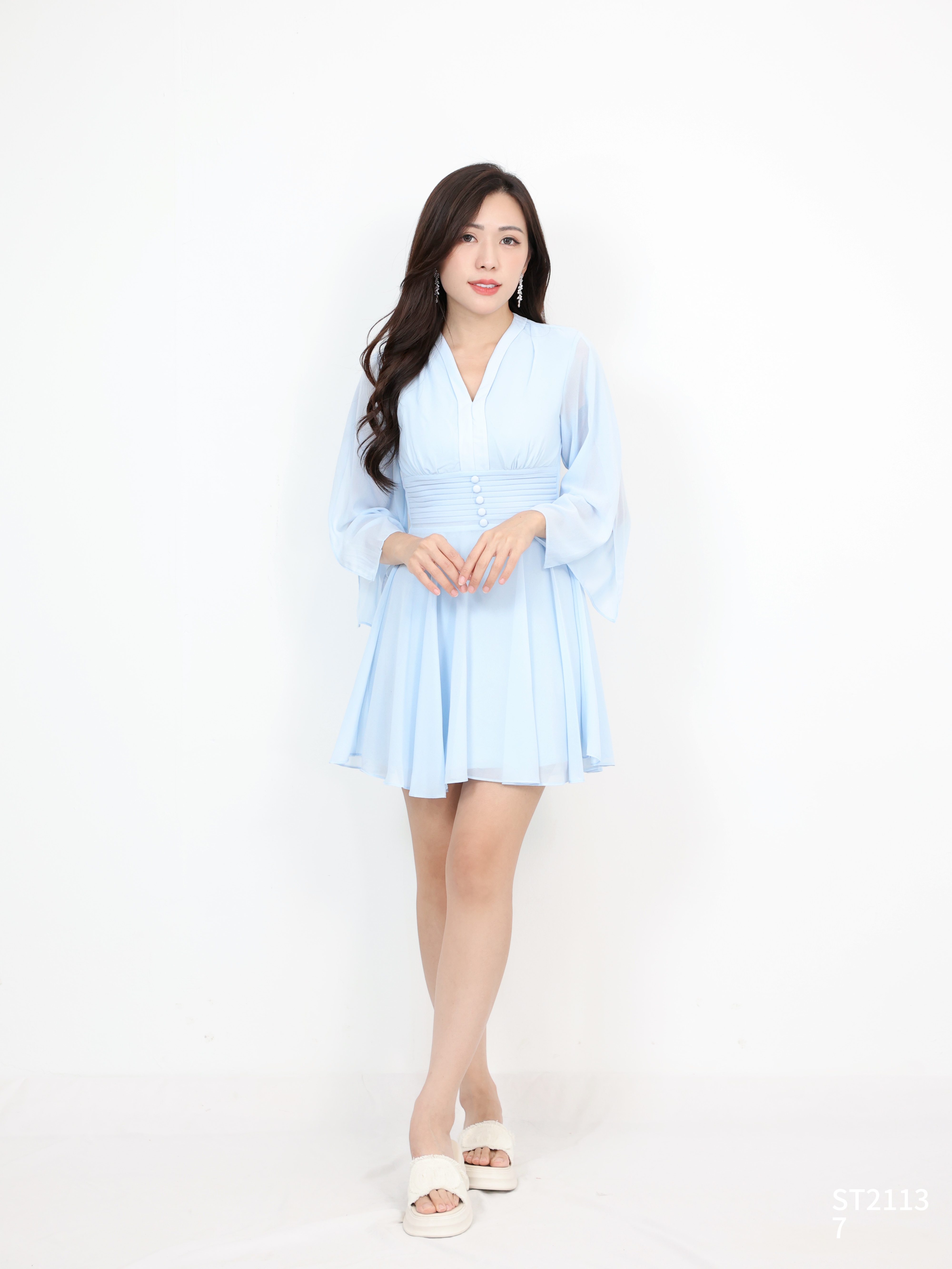 仙女V领皱褶收腰连身裙 (ST21137)  - 特价-La'Belle Fashion Boutique Sdn Bhd