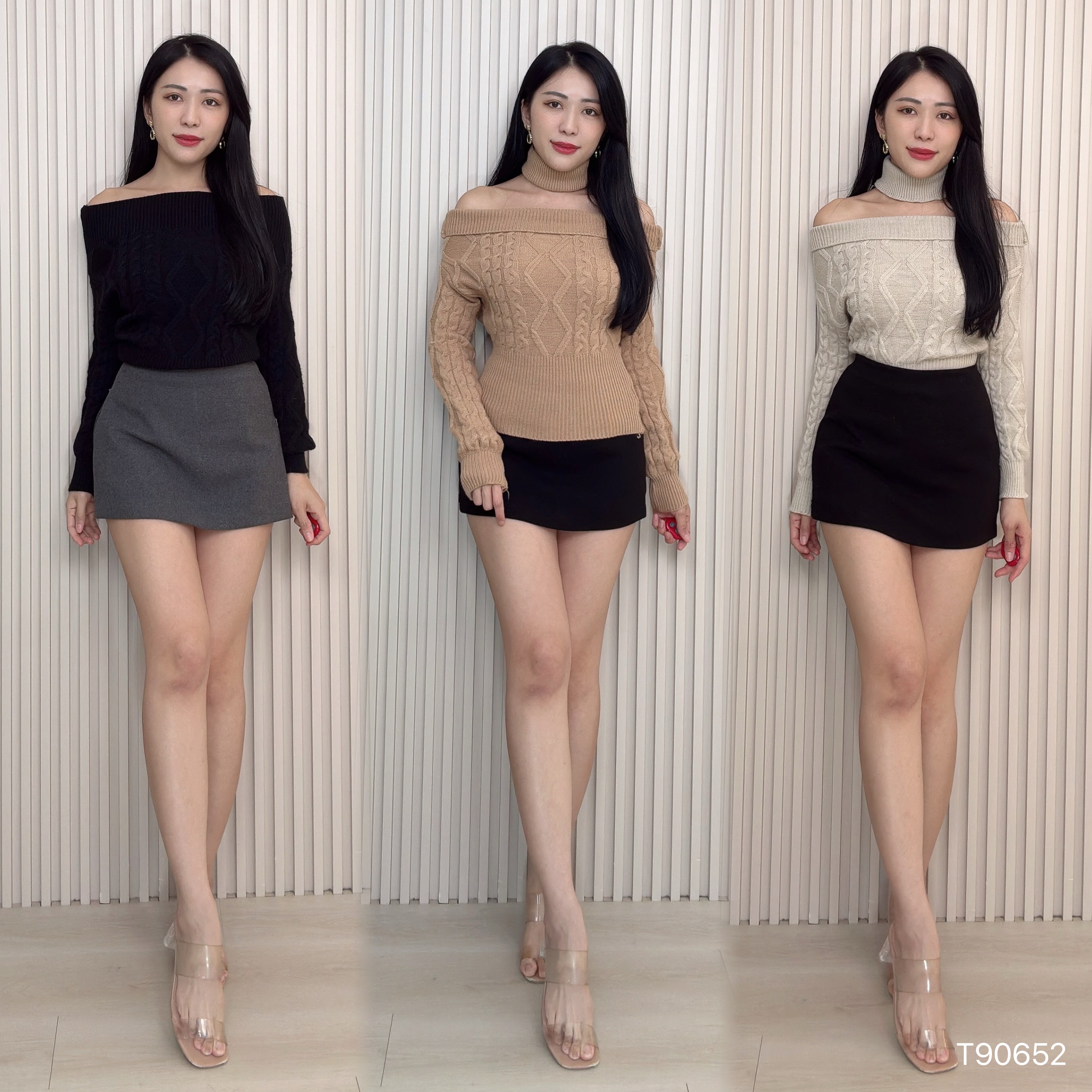 轻奢感麻花纹一字肩长袖上衣 (T90652)