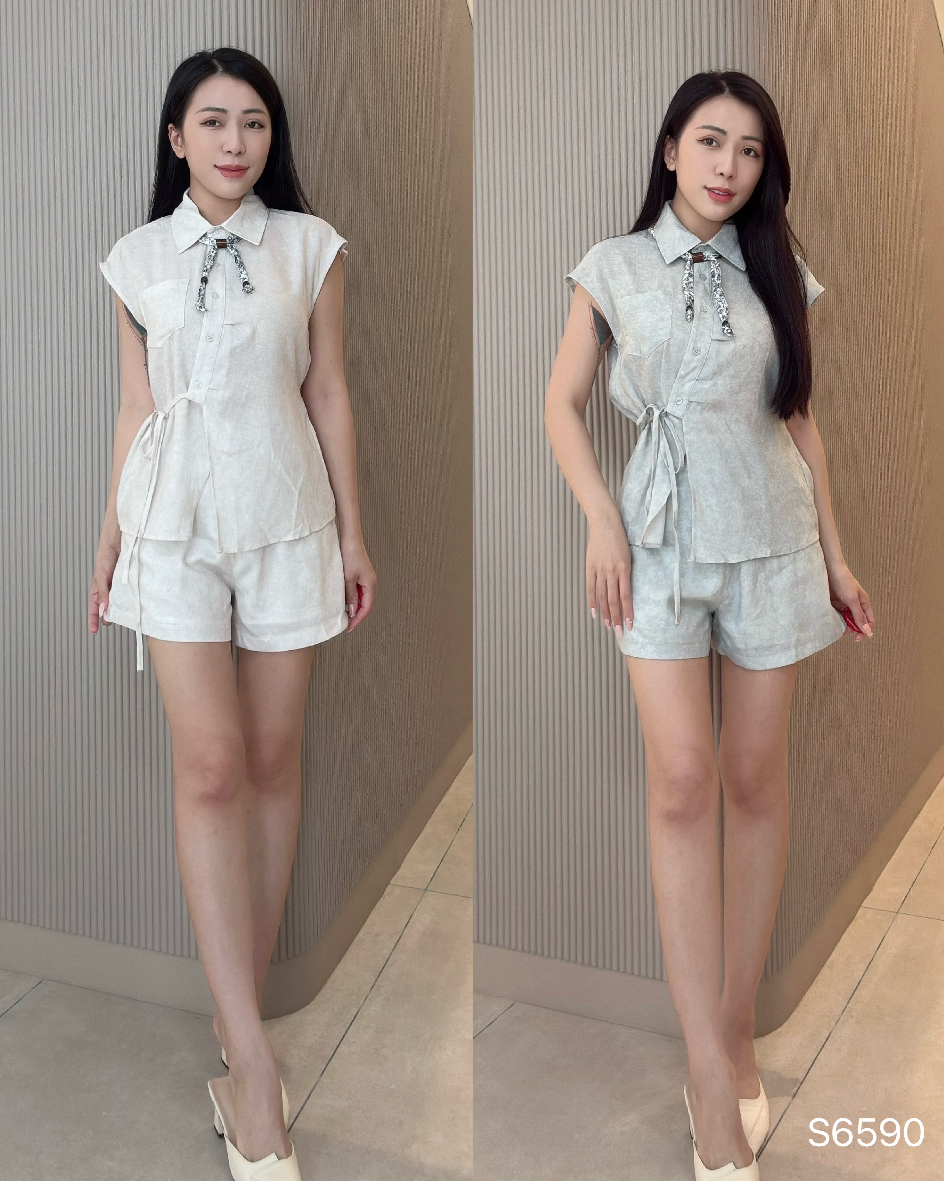 老钱风纯色系带两件套 (S6590)