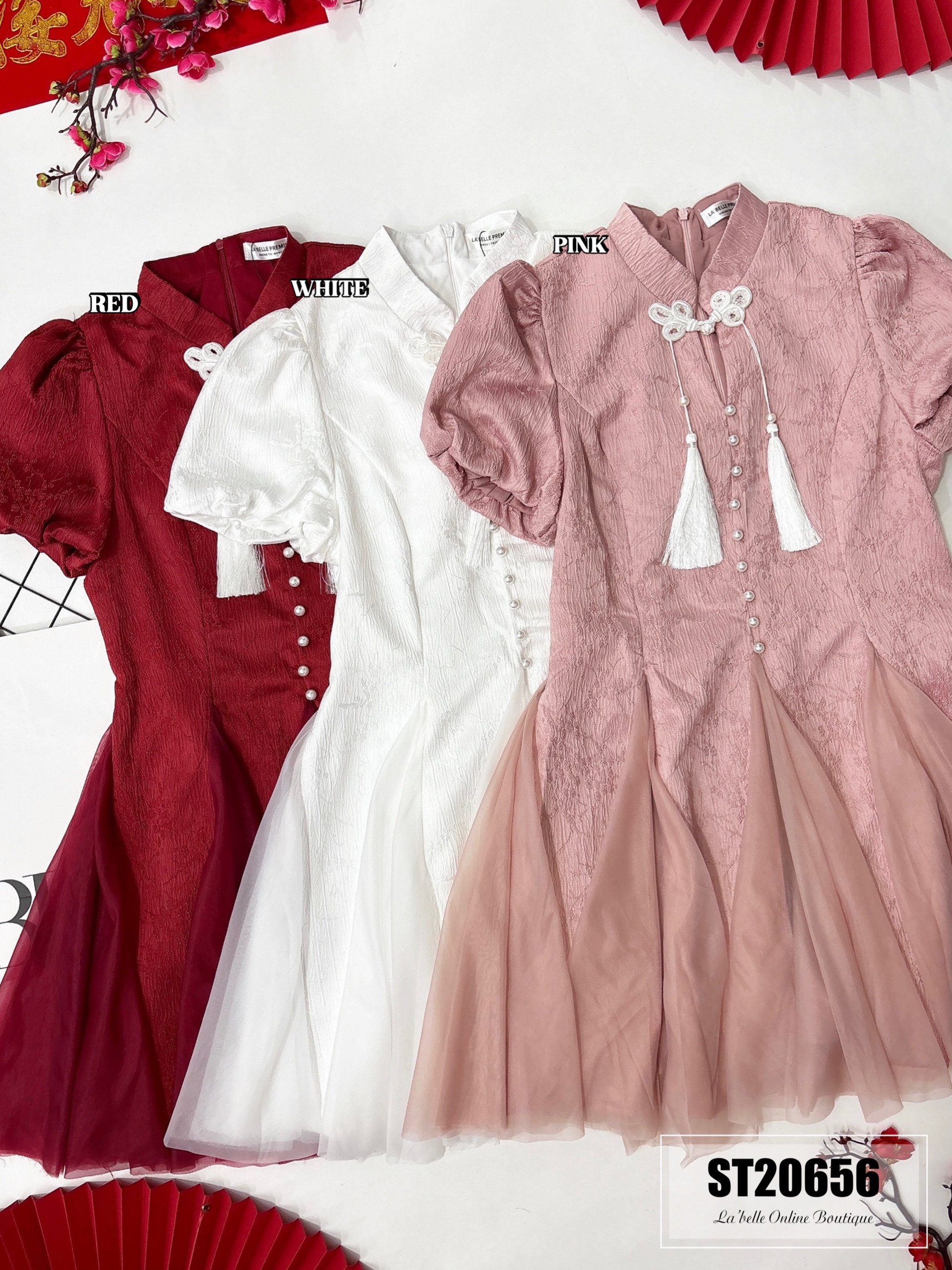 【LBP独家】精致流苏盘扣设计泡泡袖旗袍（ST20656）