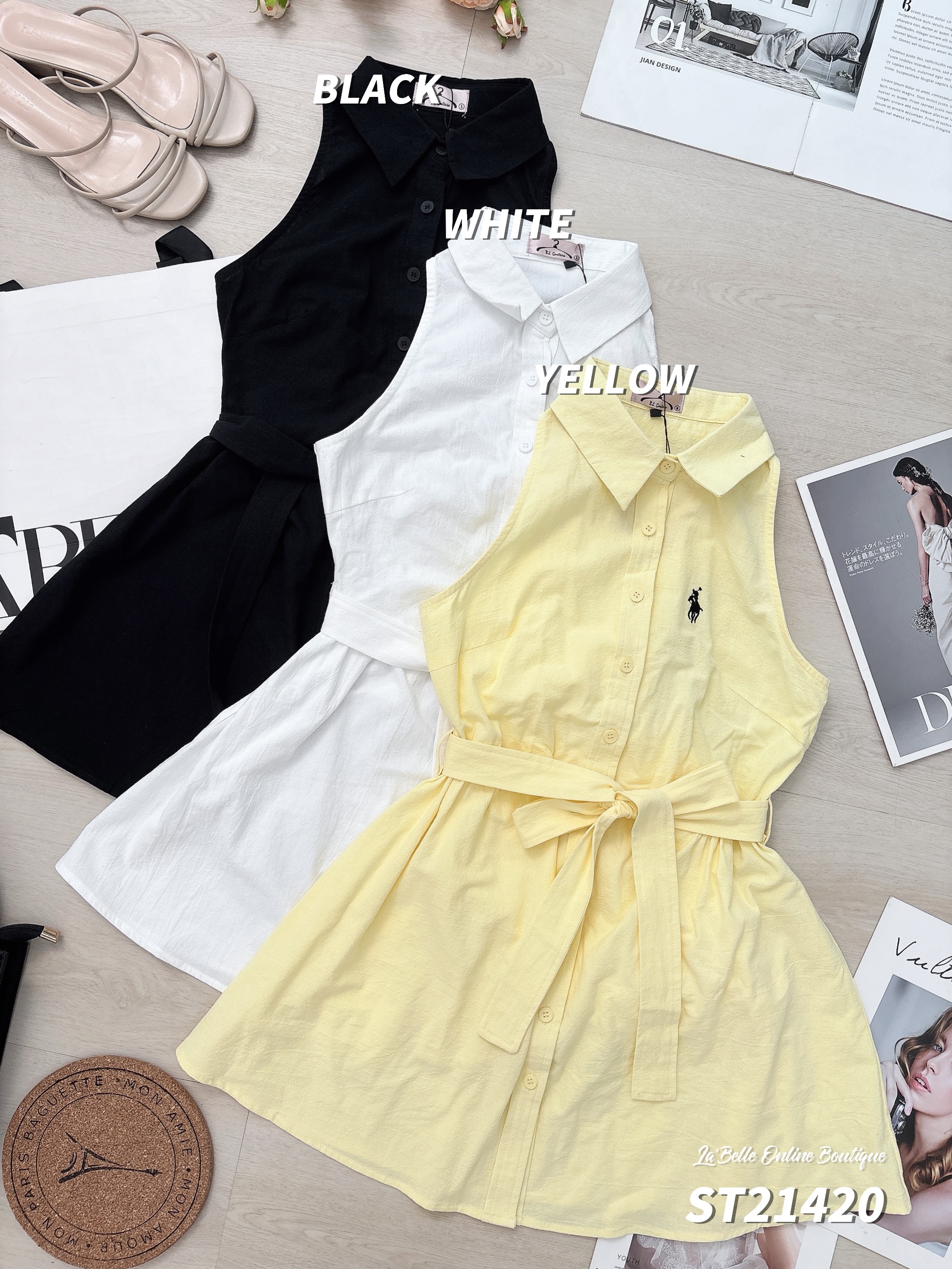 时尚Cut-in小马标设计翻领连身裙 (ST21420)