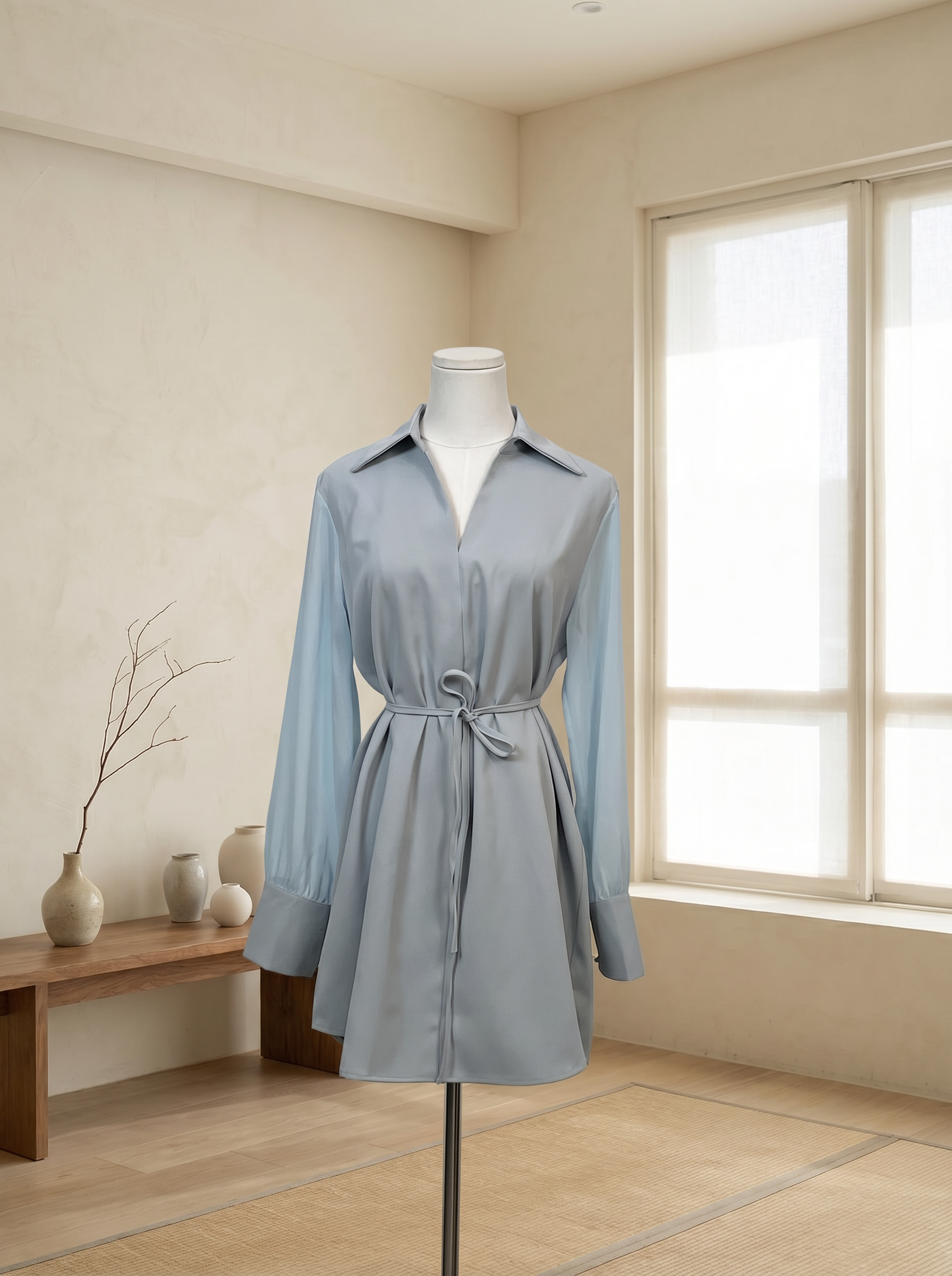 韩系V领宽松设计长袖连身裙  (ST21617)