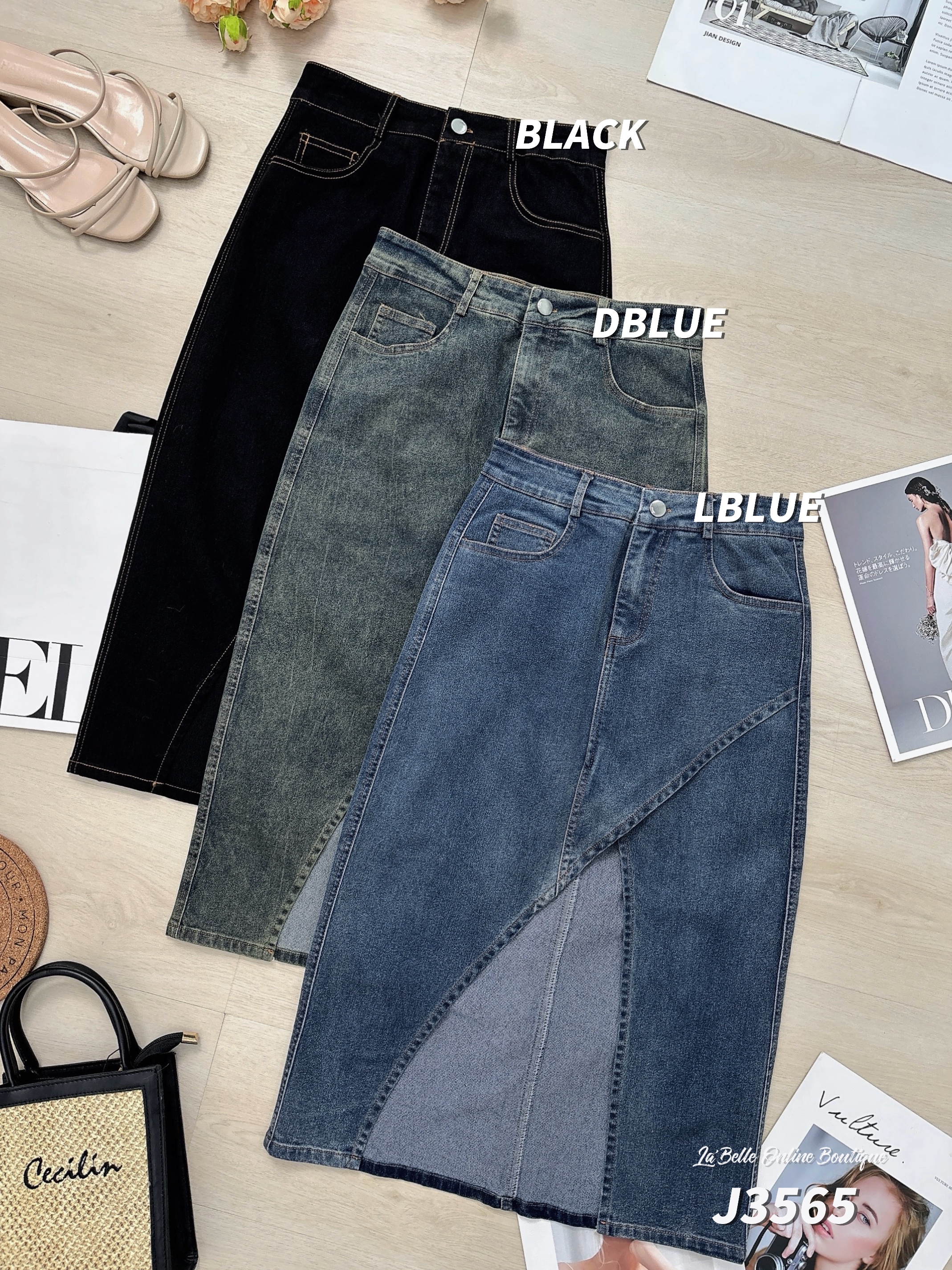 【LBP独家】时尚设计感牛仔高腰过膝裤裙 (J3565)