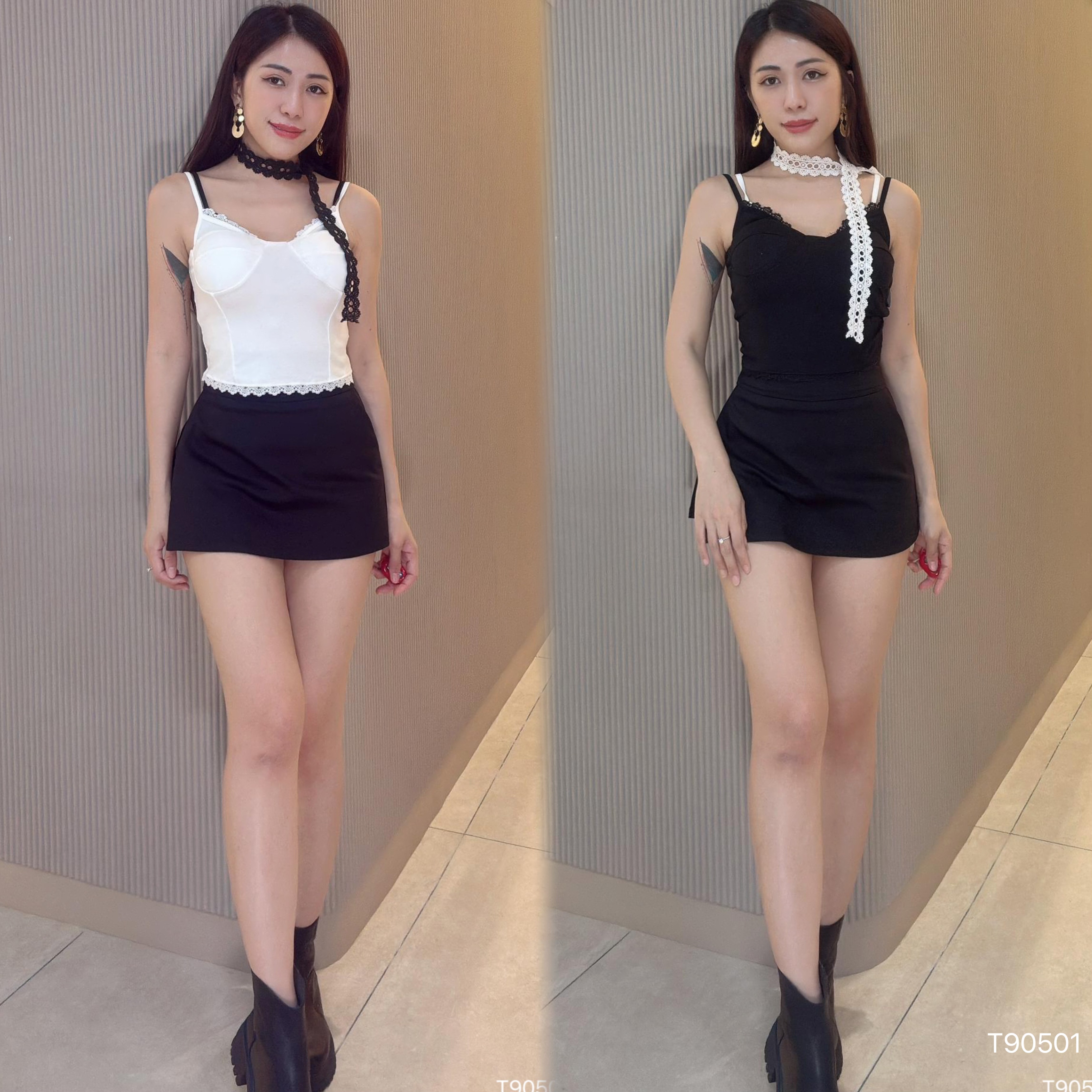 撞色蕾丝拼接设计双带上衣 (T90501)