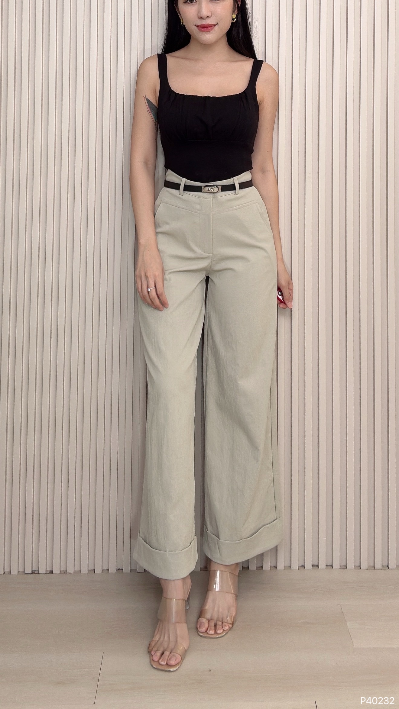 韩系卷边直筒设计高腰长裤 （P40232）