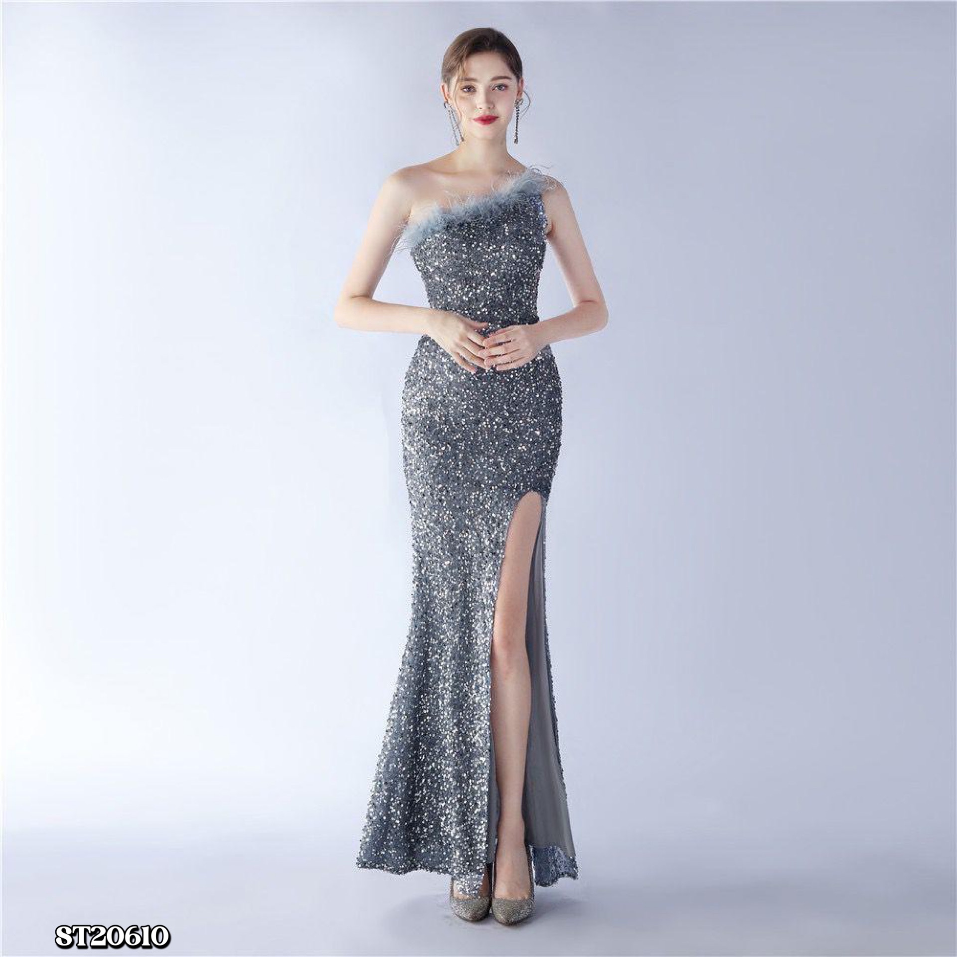 高级毛毛边闪亮开叉设计DinnerDress（ST20610）