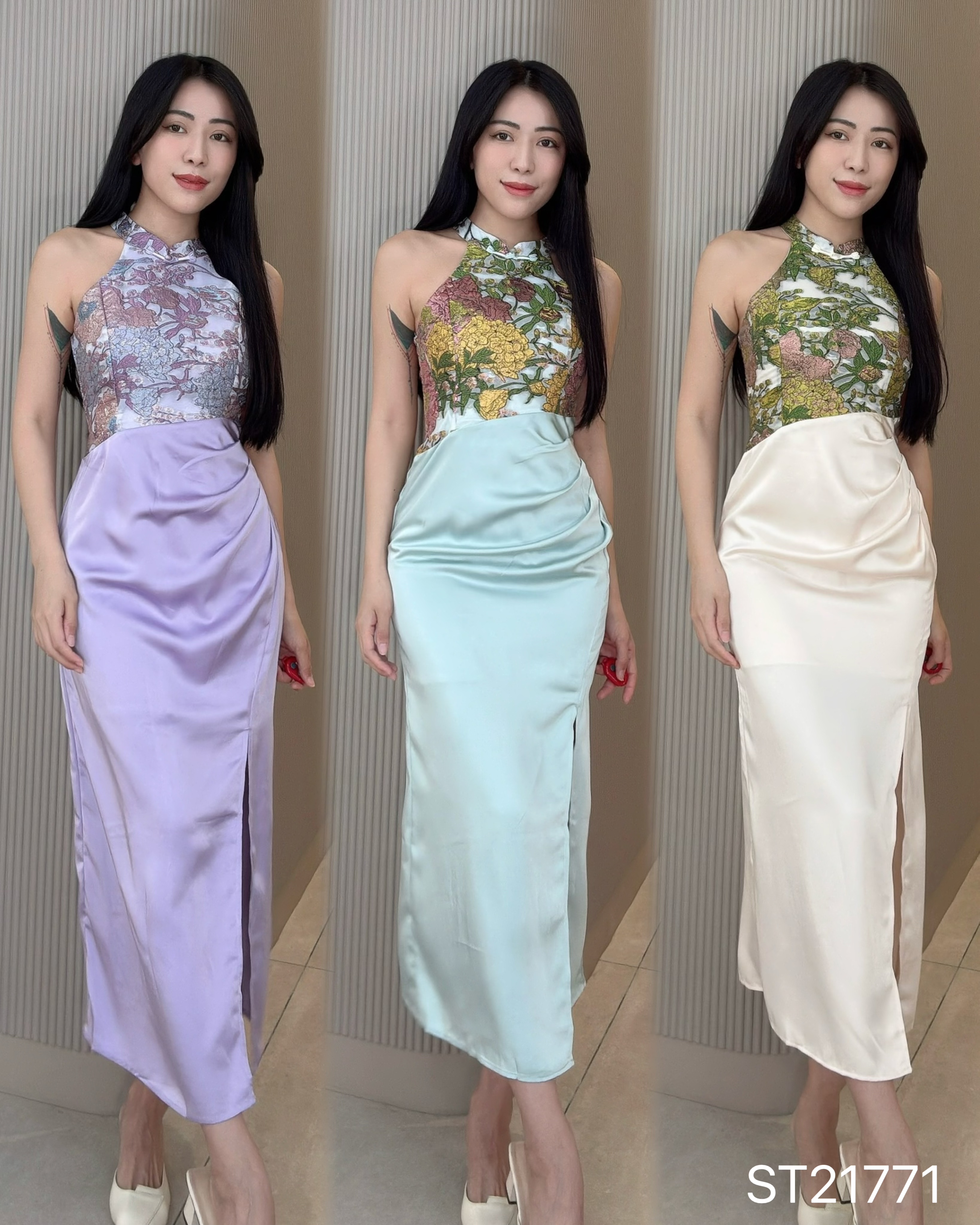 东方花韵立领削肩修身长旗袍 (ST21771)