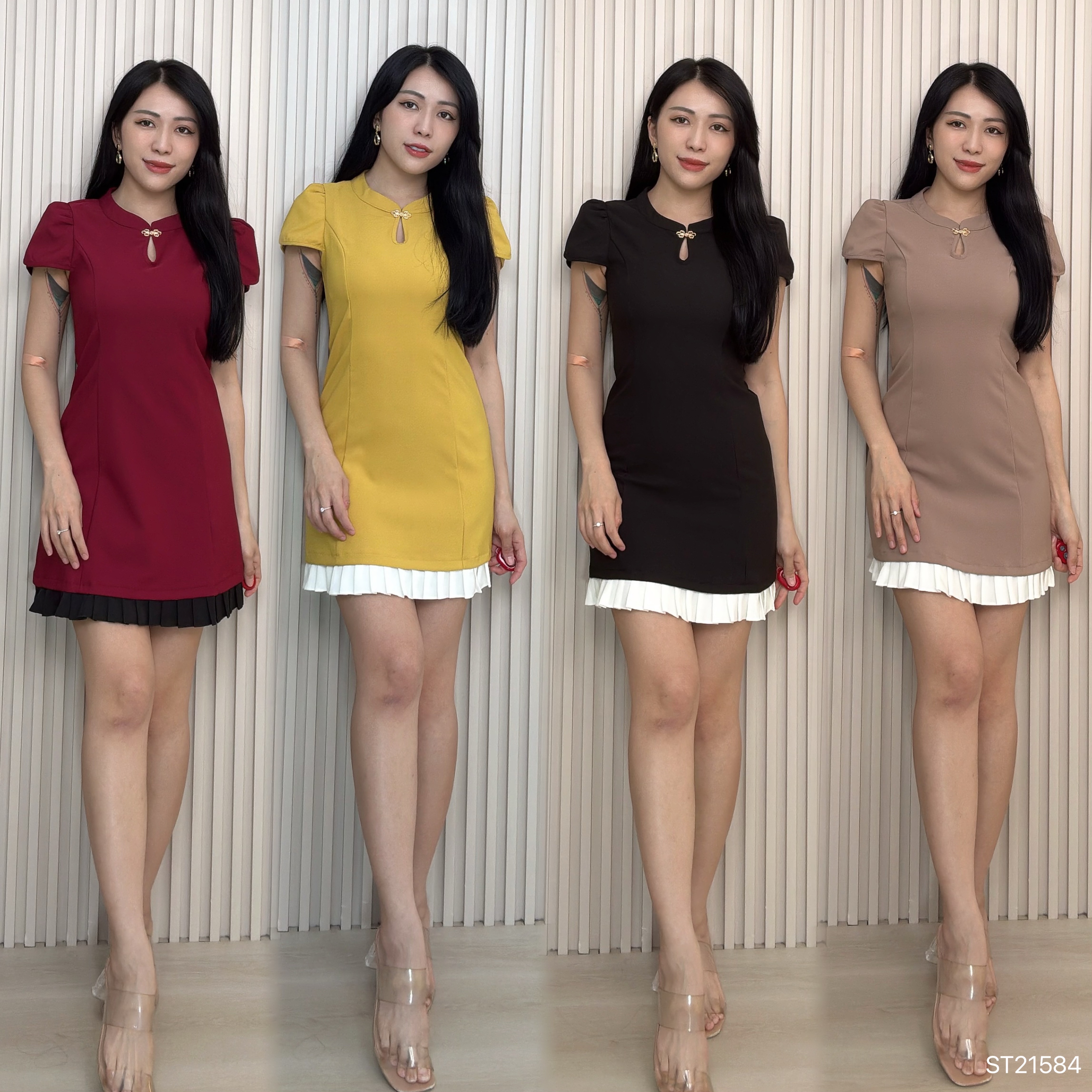 高级感撞色拼接压褶设计旗袍 (ST21584)