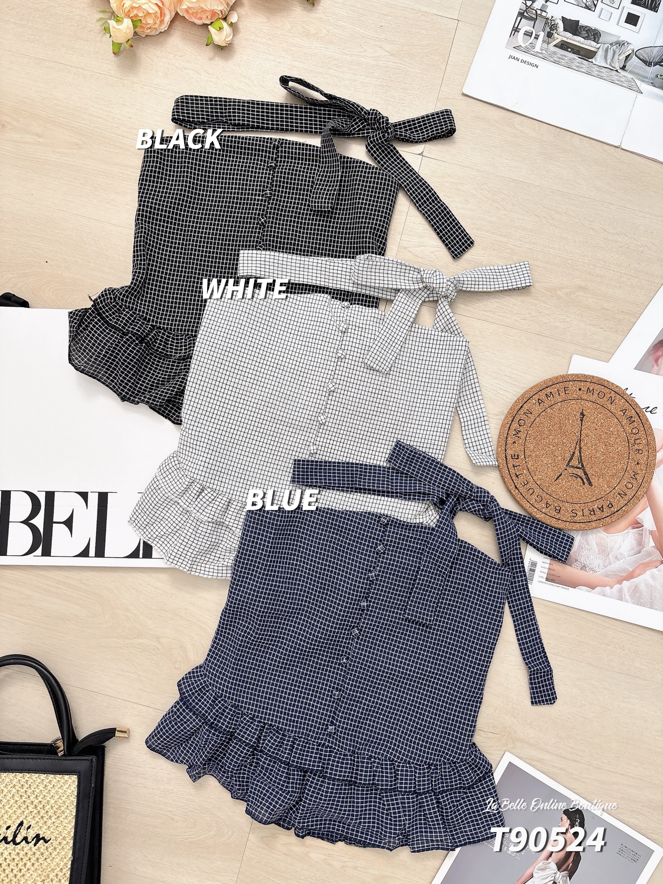 韩系荷叶边格子设计抹胸上衣 (T90524)