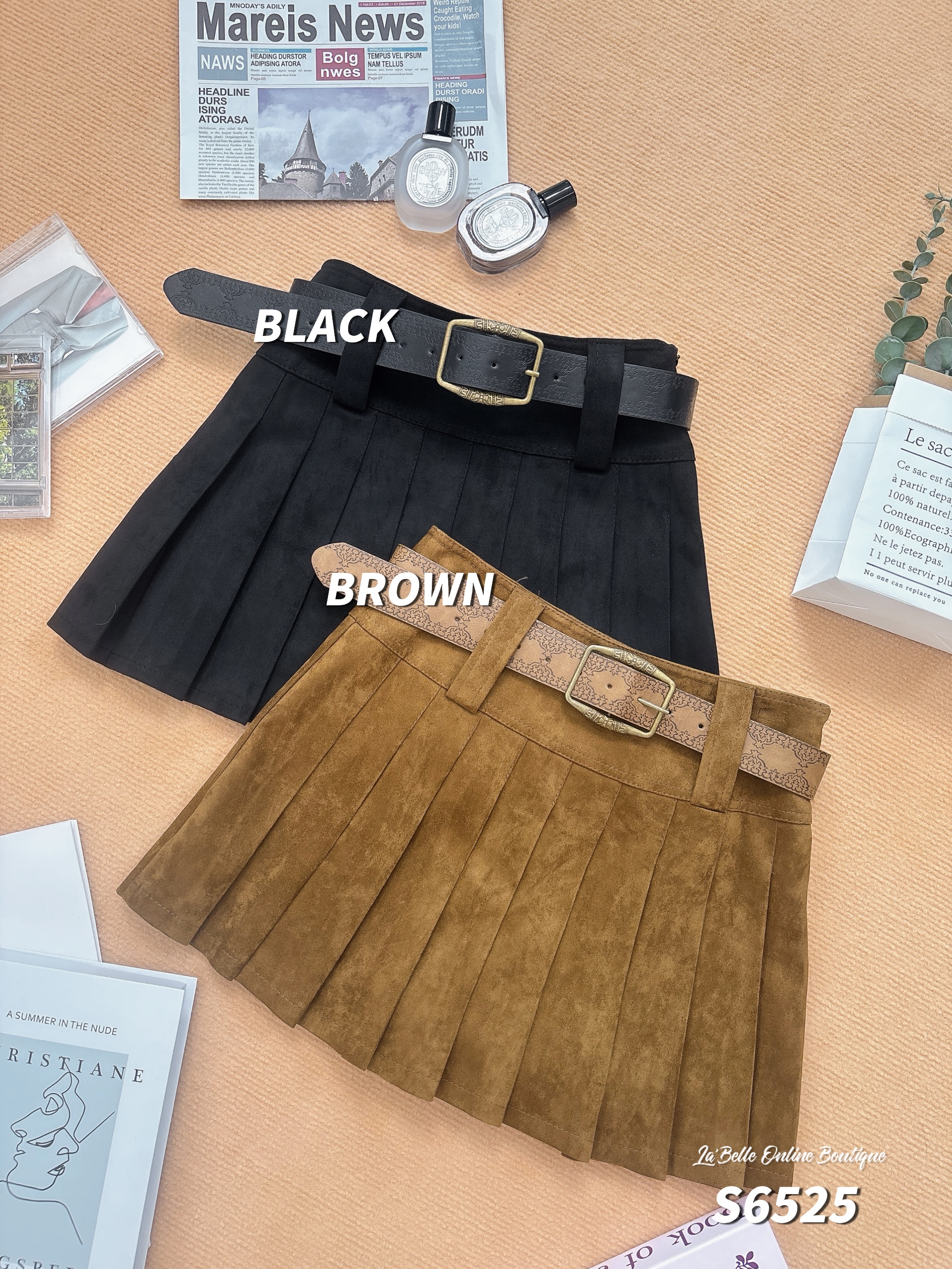 学院风百褶设计A字高腰短裙 (S6525)