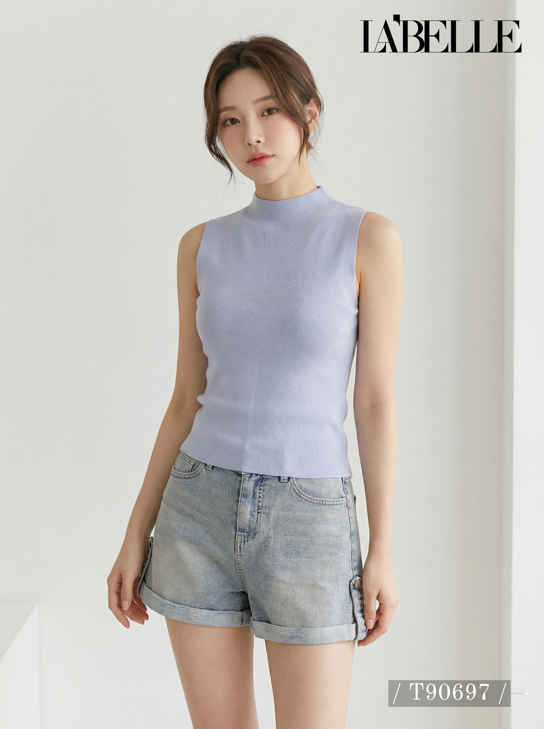 韩系纯色半高领针织无袖上衣 (T90697)