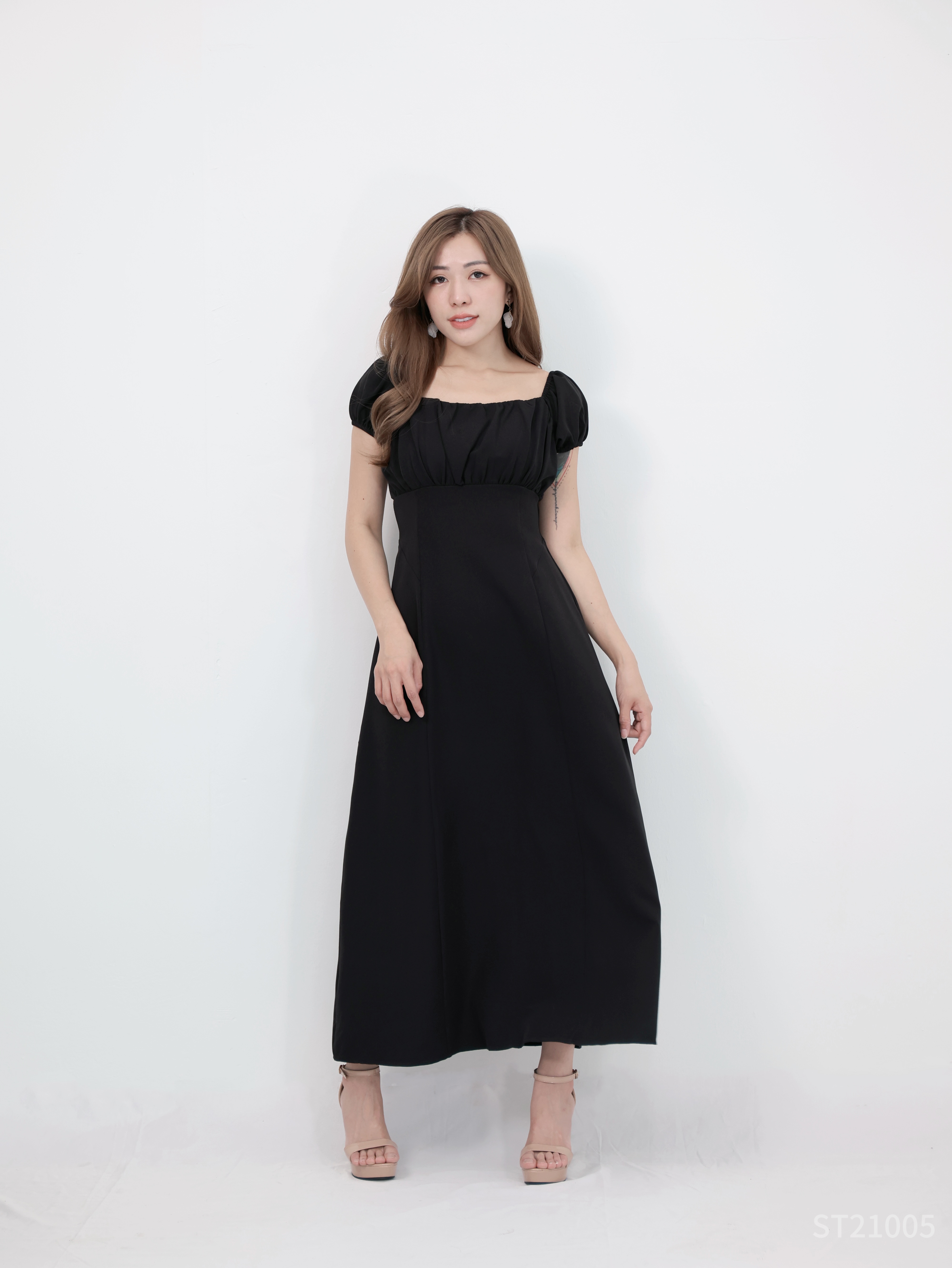 绝美方领泡泡袖连身裙 (ST21005)