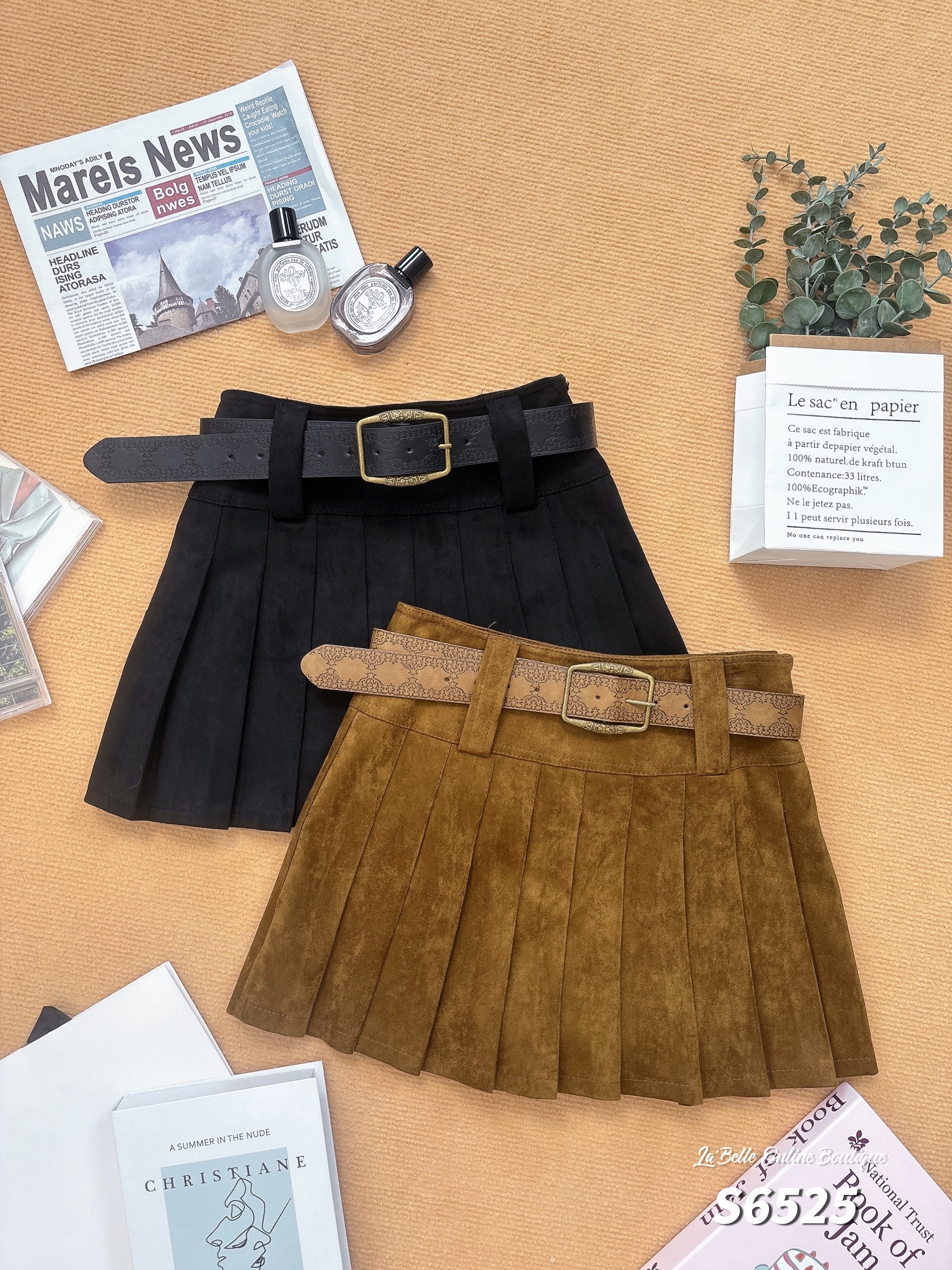 学院风百褶设计A字高腰短裙 (S6525)