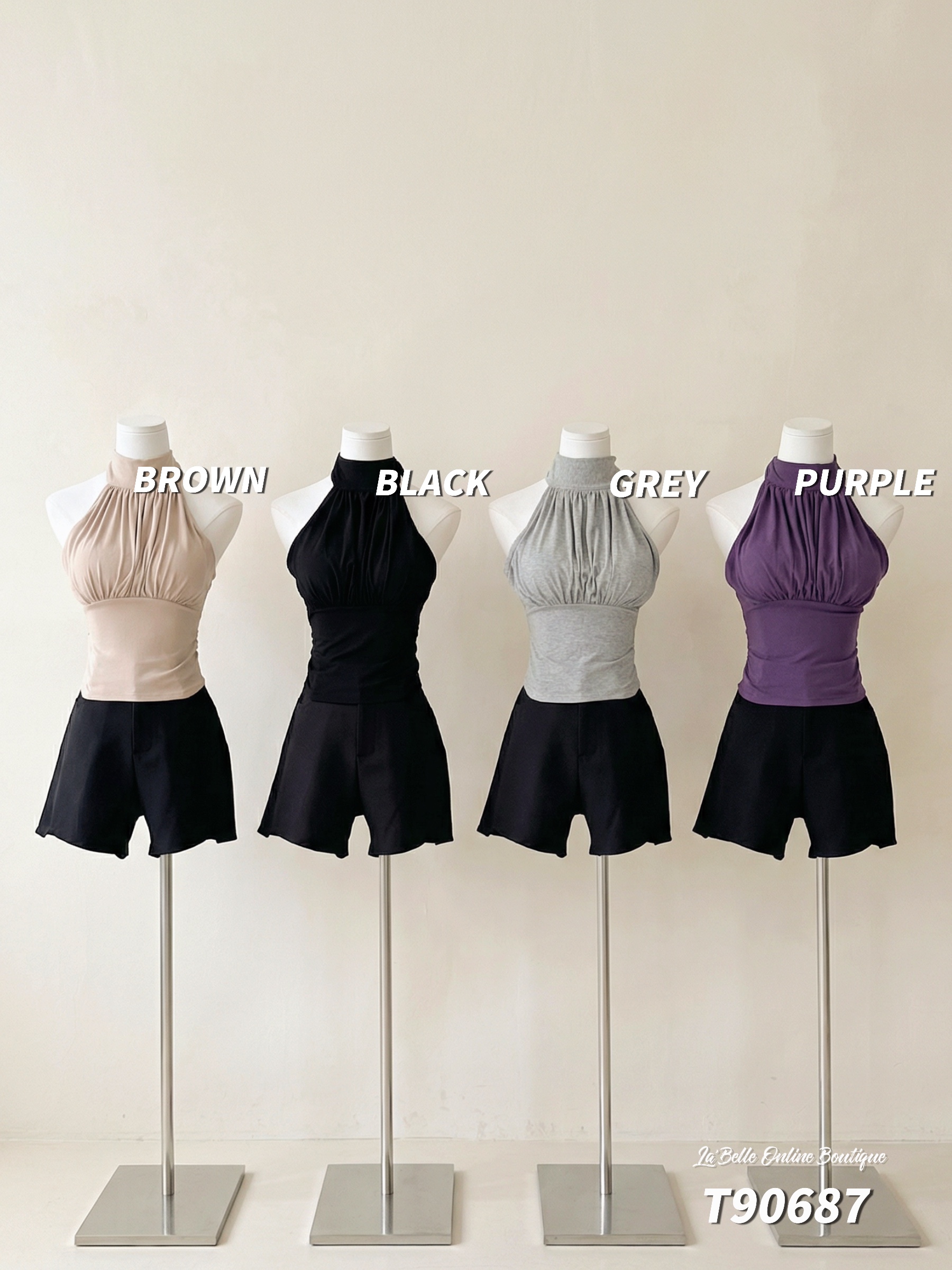 纯欲风褶皱挂脖绑带美背上衣 (T90687)