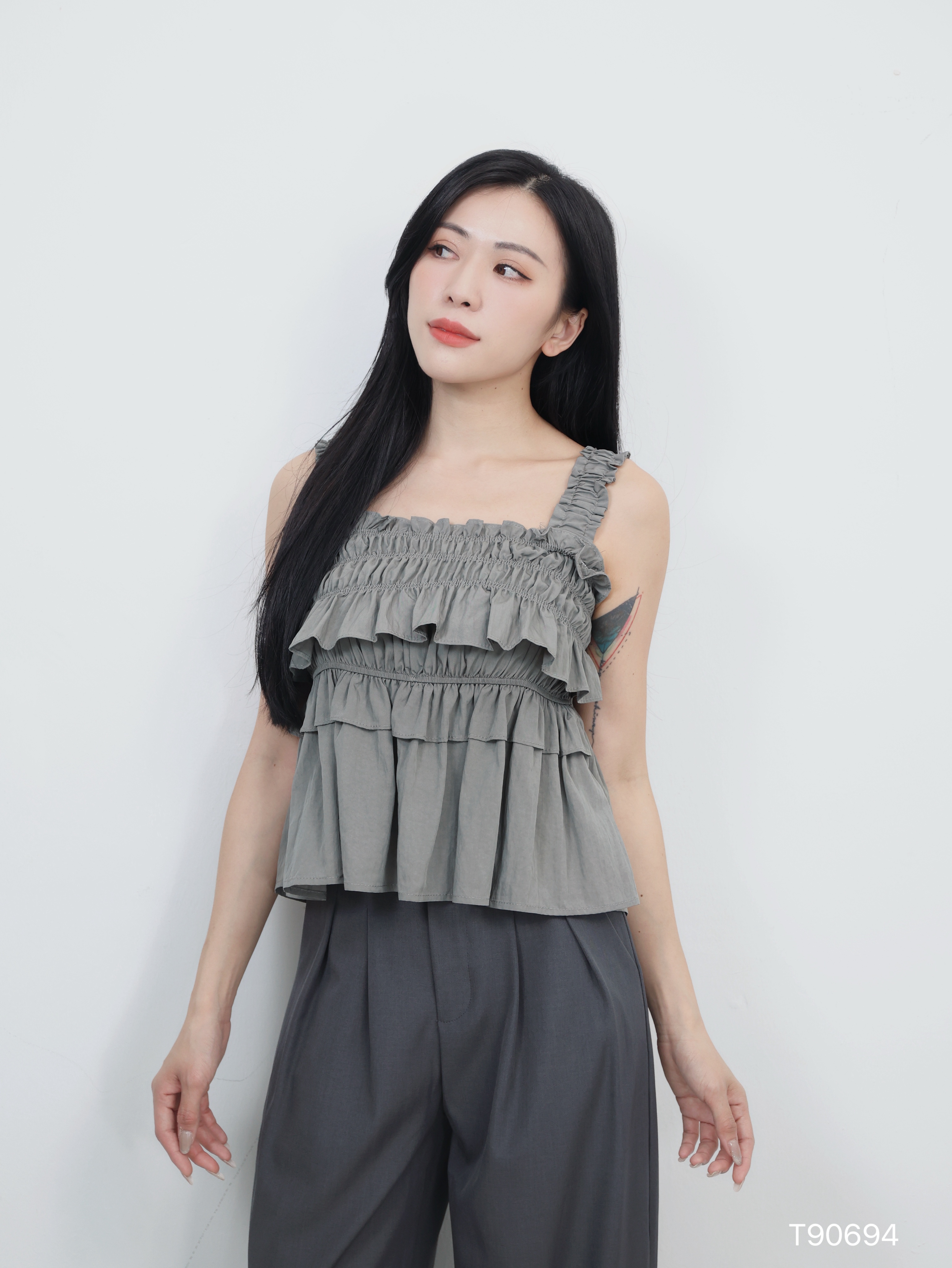 法式层次感荷叶边设计宽松上衣 (T90694)