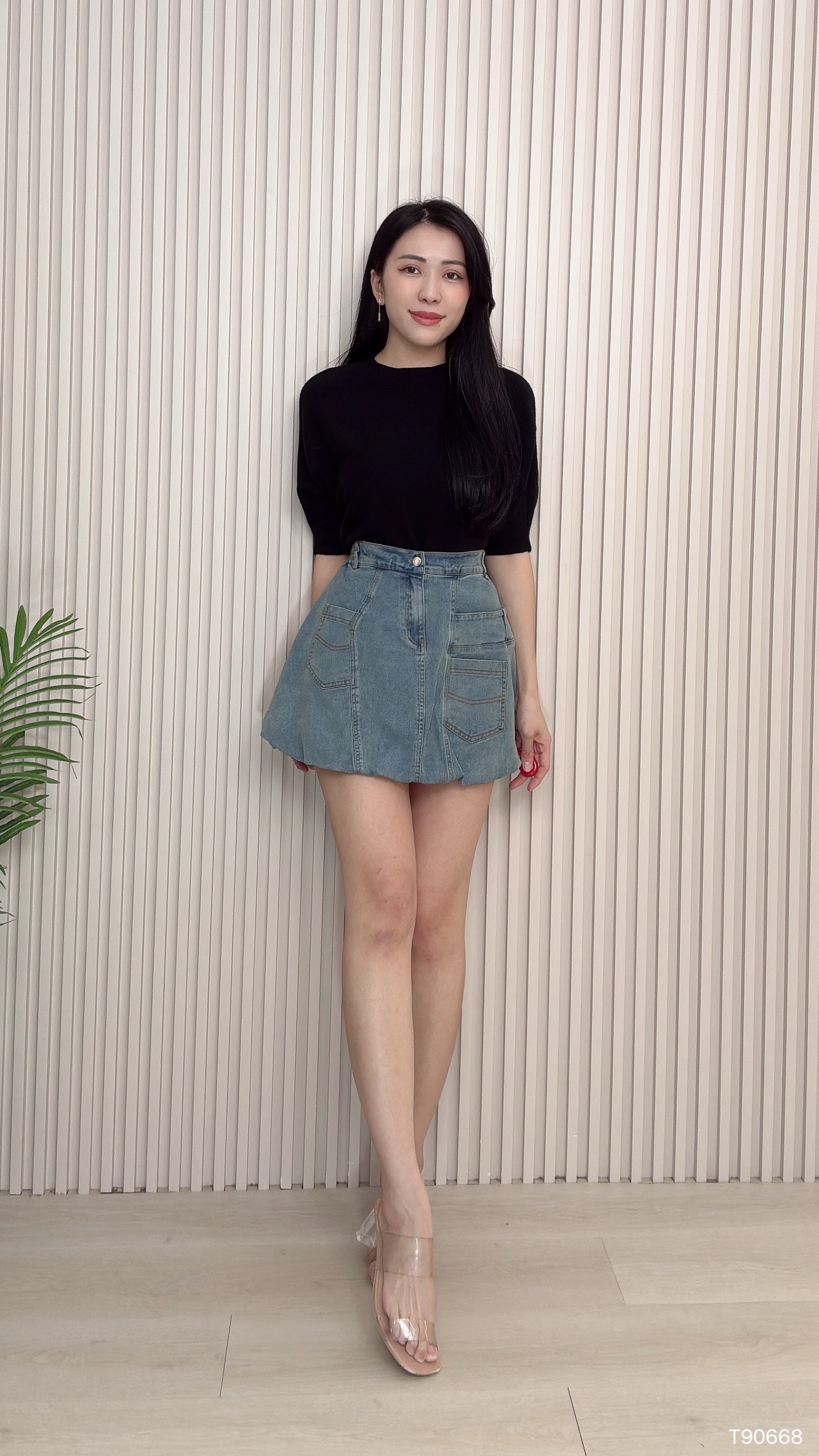 慵懒风宽松圆领中长袖上衣 (T90668)