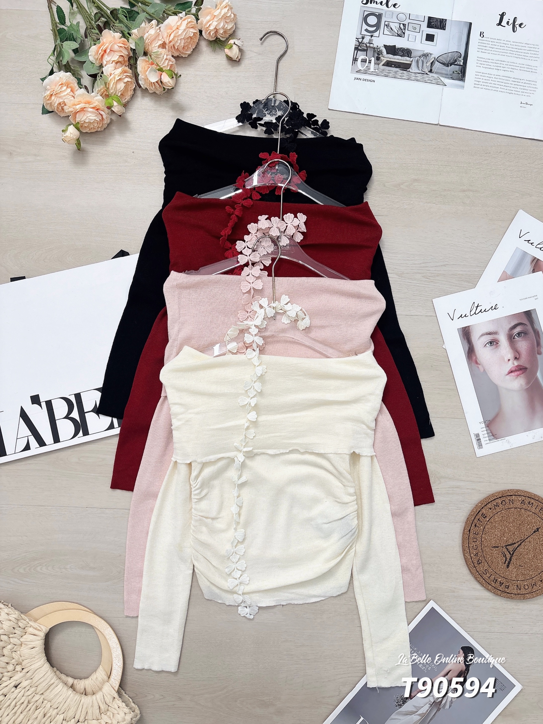 时尚一字肩褶皱设计长袖上衣 (T90594)