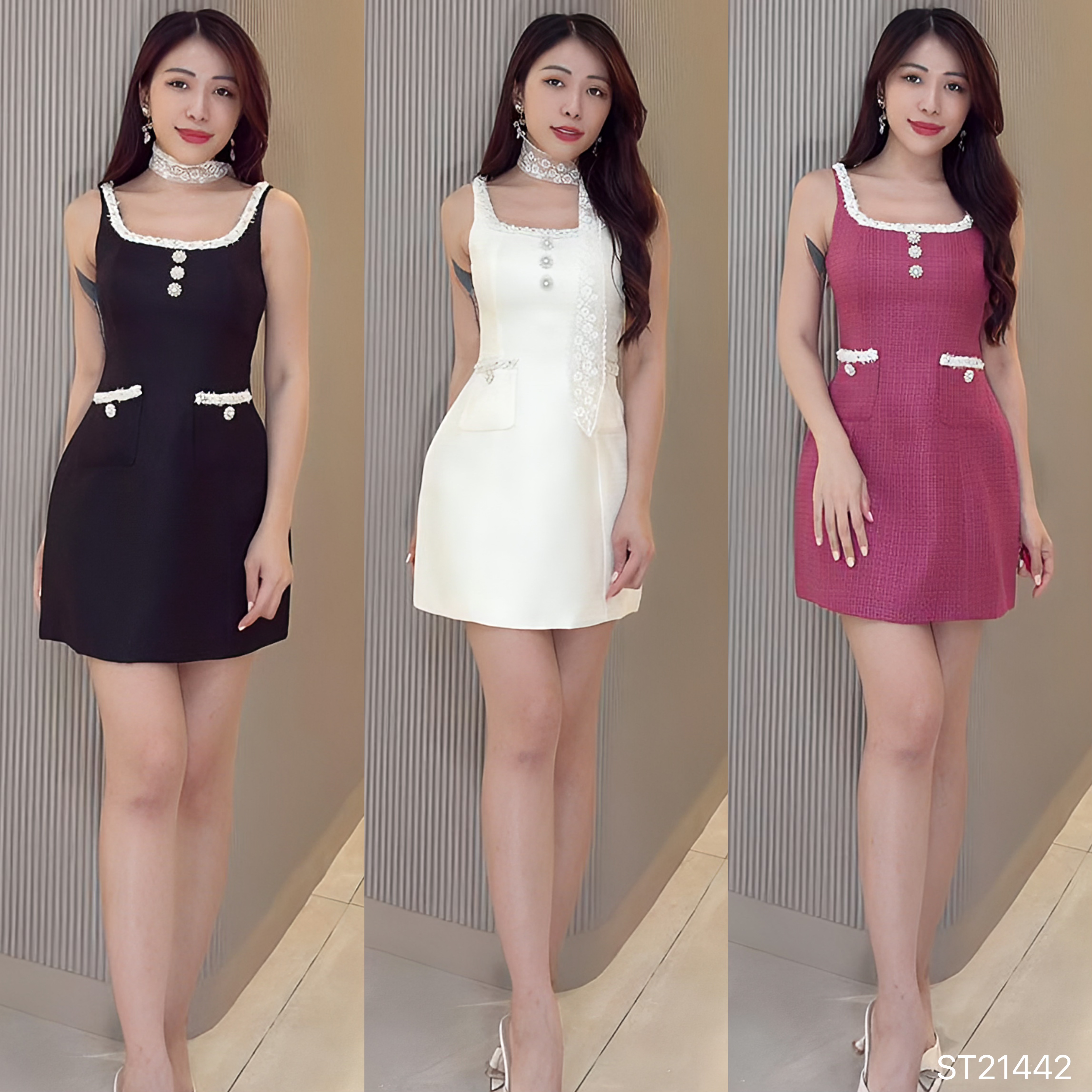 高端小香风珍珠扣设计连身裙 (ST21442)